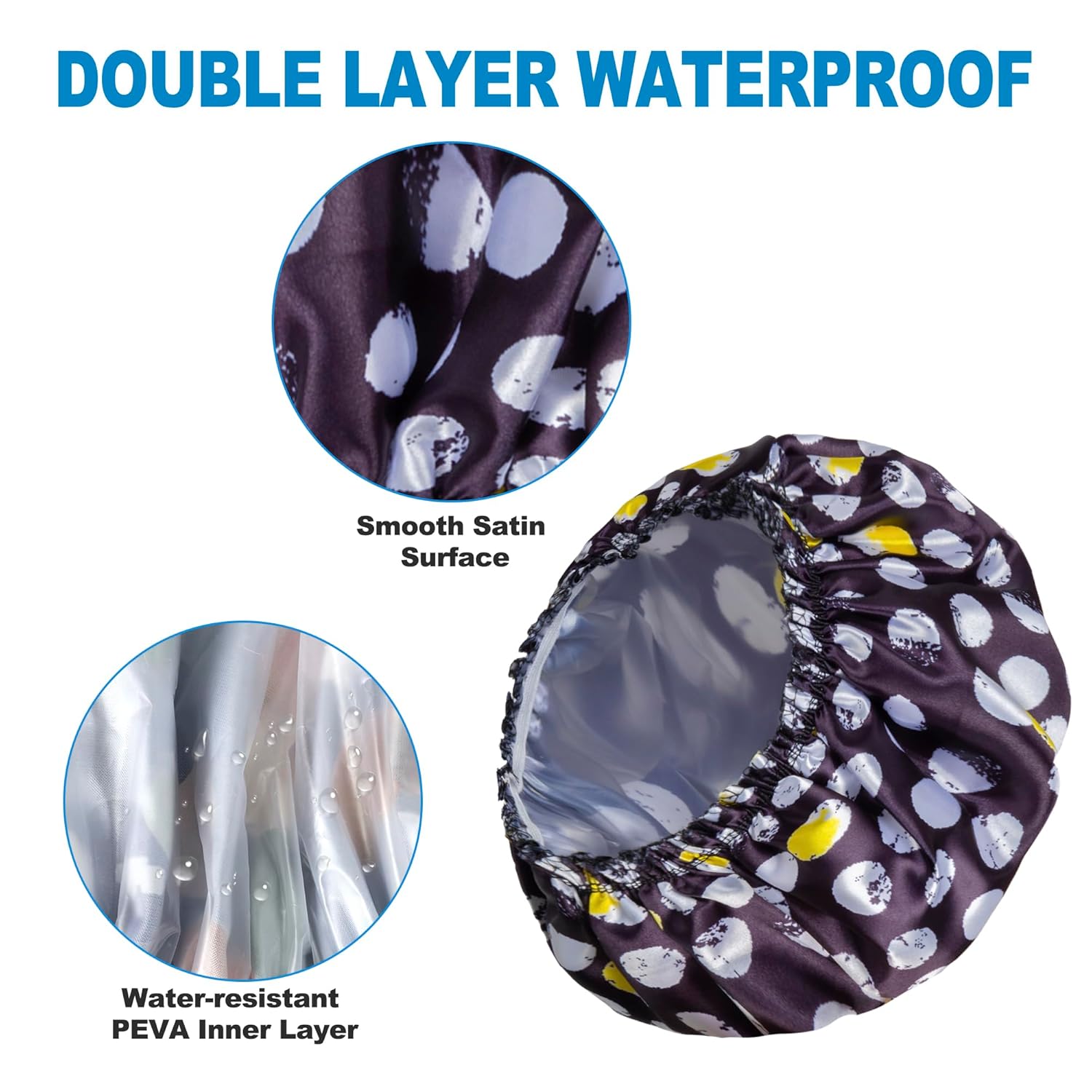 Happtiger Reusable Waterproof Shower Caps for Women, 4PCS Double Layer Hair Caps with 2 Satin Scrunchies, Elastic Bath Caps for Shower, Spa & Hair Care