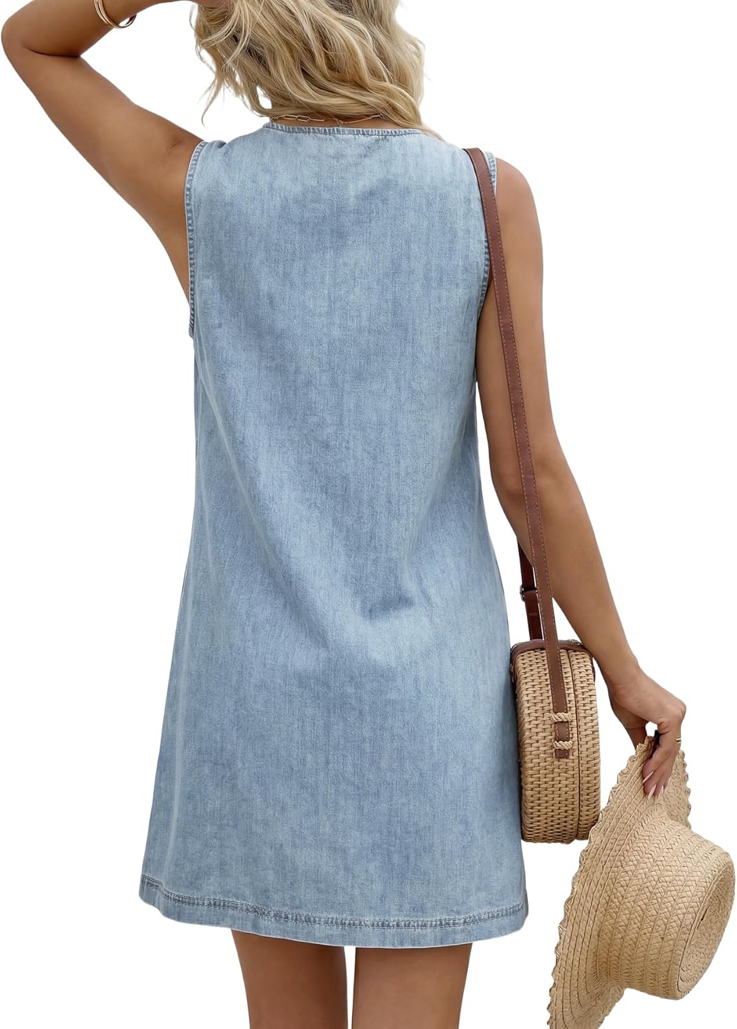 Rooscier Women's Sleeveless V-Neck Button Front Denim Mini Dress – Casual Summer Jean Dress with Pockets