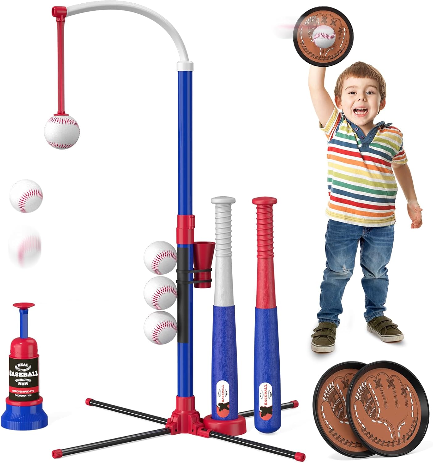 Kids 3-in-1 Baseball Set for Toddler Ages 3–5 – Adjustable Tee Ball Stand with Hanging Tee, Ball Launcher, 6 Softballs for Boys & Girls