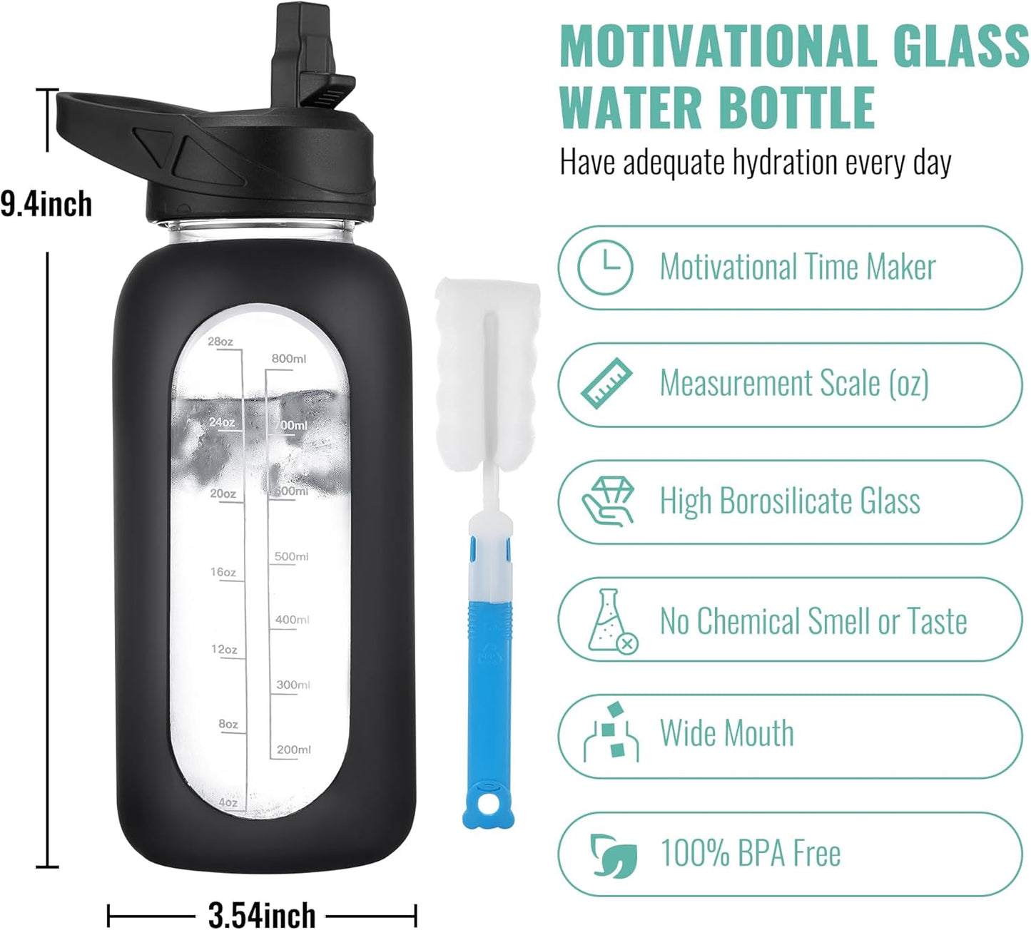 CIVAGO 32 Oz Glass Water Bottle – Leakproof Sports Flask with Straw, Handle, Silicone Sleeve, Time Marker & 2 Lids, Large Gym Water Jug, Black