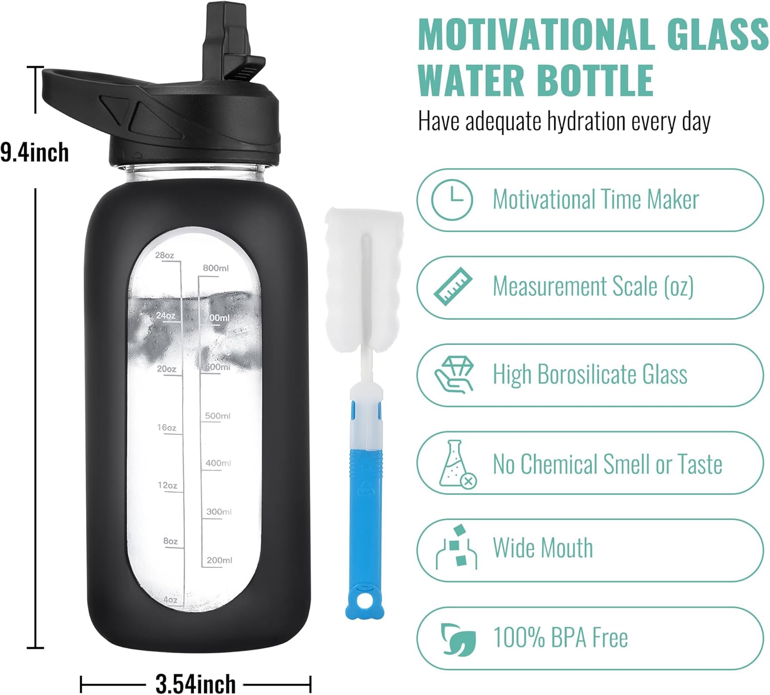 CIVAGO 32 Oz Glass Water Bottle – Leakproof Sports Flask with Straw, Handle, Silicone Sleeve, Time Marker & 2 Lids, Large Gym Water Jug, Black