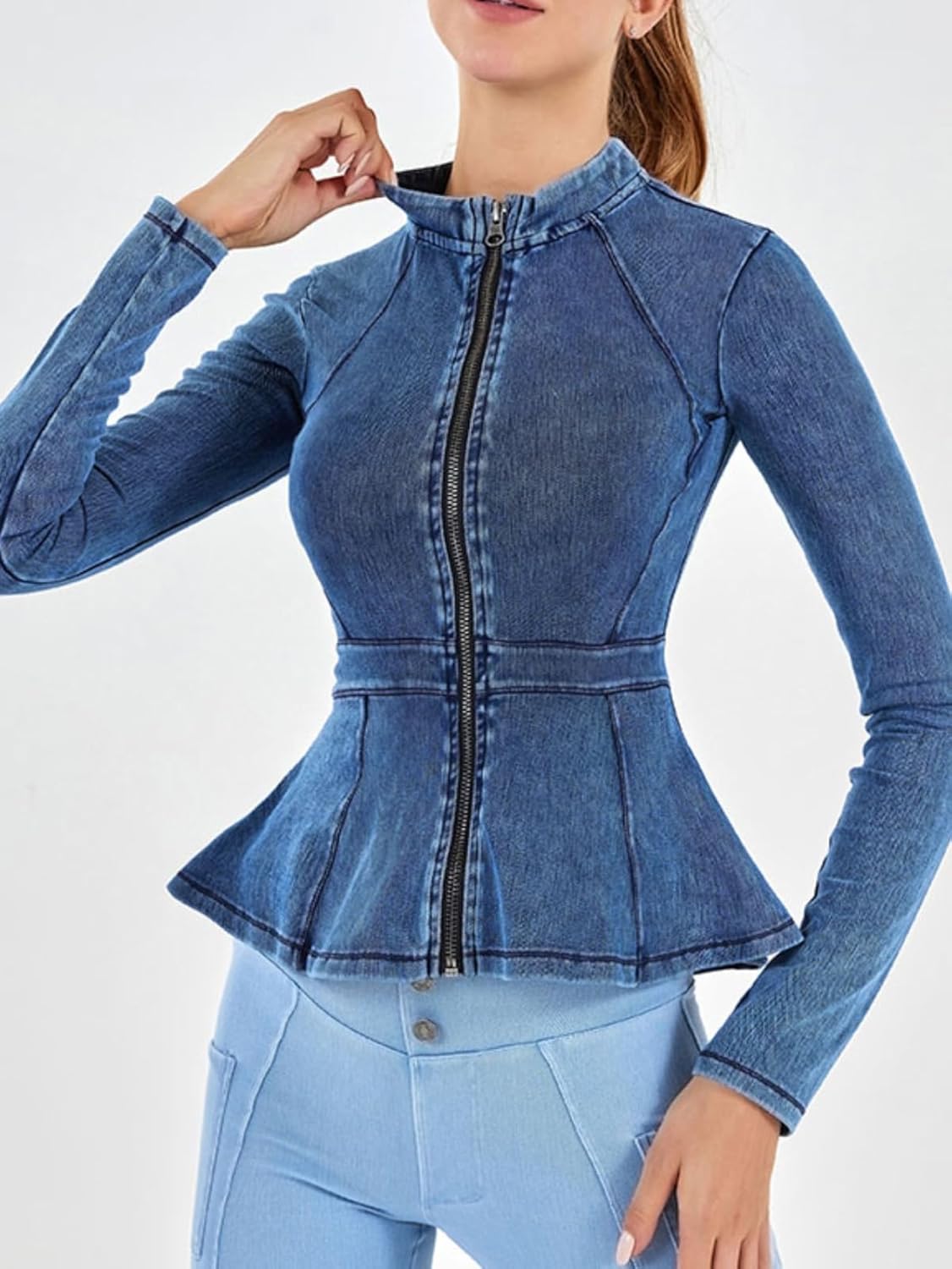 Casual Denim Peplum Jacket for Women – Long Sleeve Zip-Up Ruffle Waist Jacket, Athletic Workout Blazer Coat