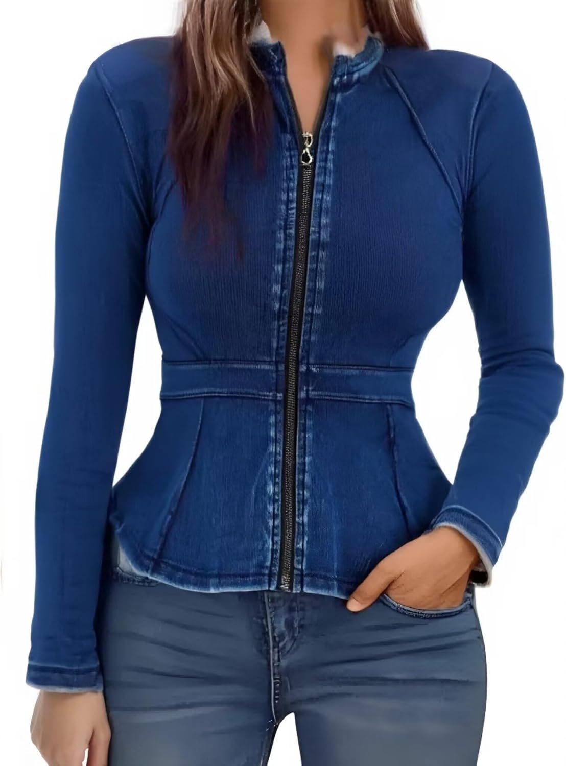 Casual Denim Peplum Jacket for Women – Long Sleeve Zip-Up Ruffle Waist Jacket, Athletic Workout Blazer Coat