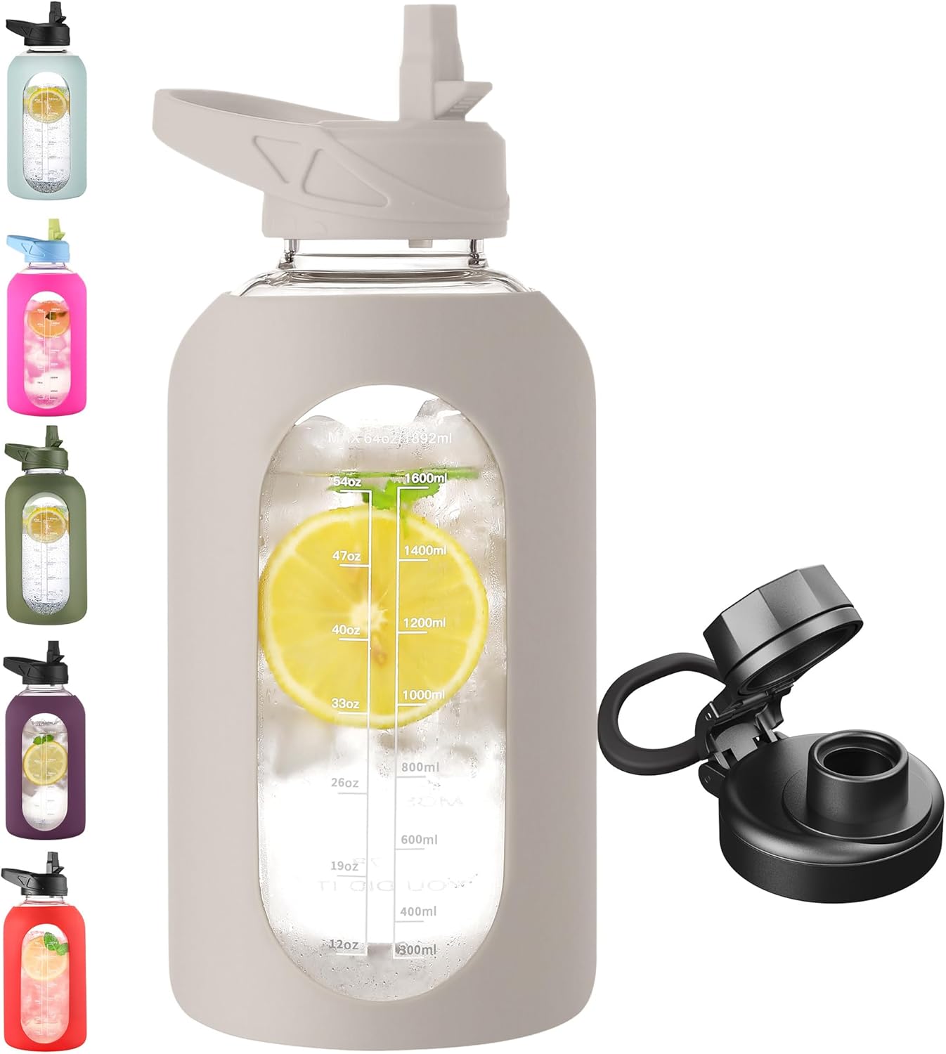 CIVAGO 32 Oz Glass Water Bottle – Leakproof Sports Flask with Straw, Handle, Silicone Sleeve, Time Marker & 2 Lids, Large Gym Water Jug, Black