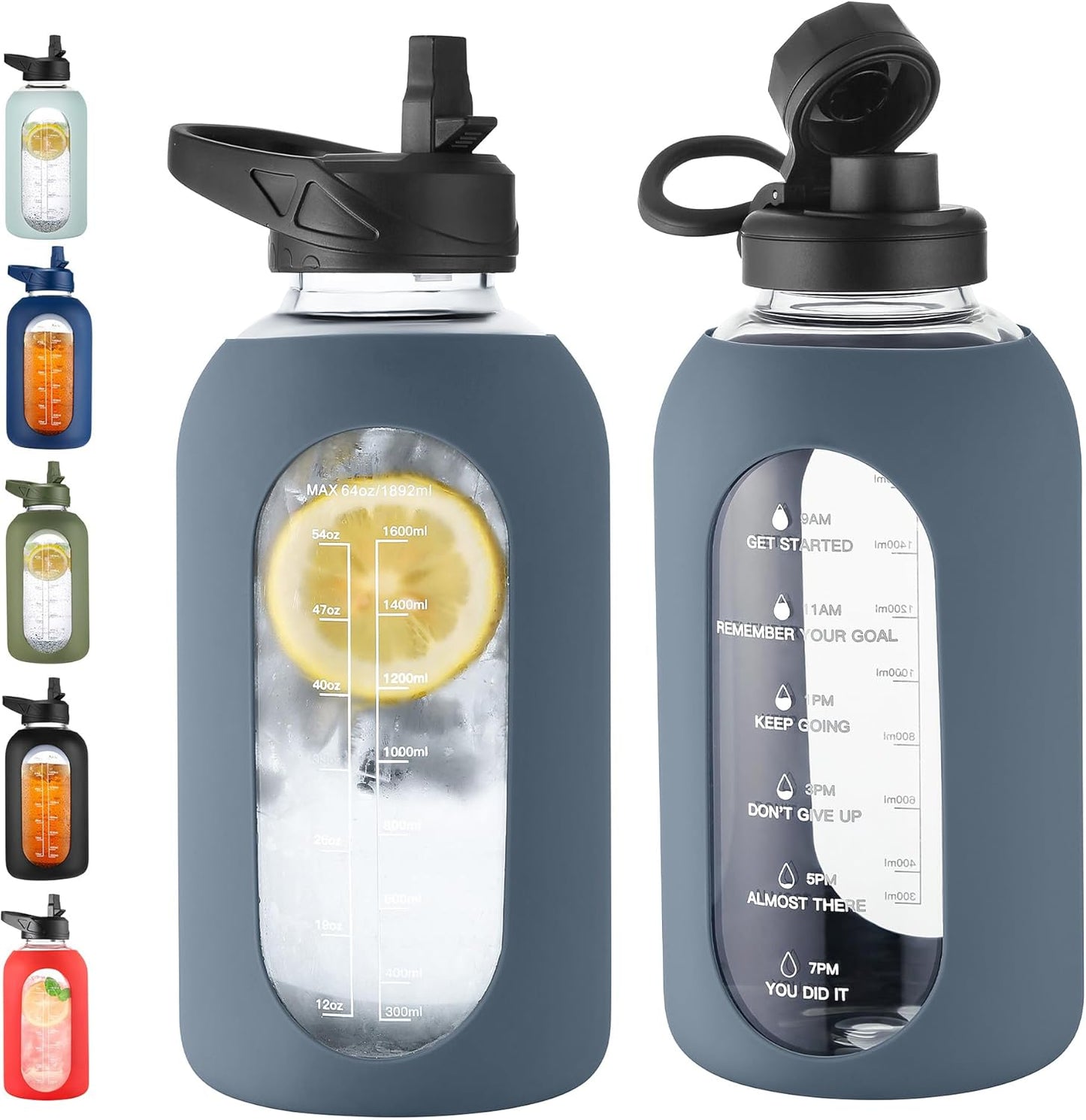 CIVAGO 32 Oz Glass Water Bottle – Leakproof Sports Flask with Straw, Handle, Silicone Sleeve, Time Marker & 2 Lids, Large Gym Water Jug, Black