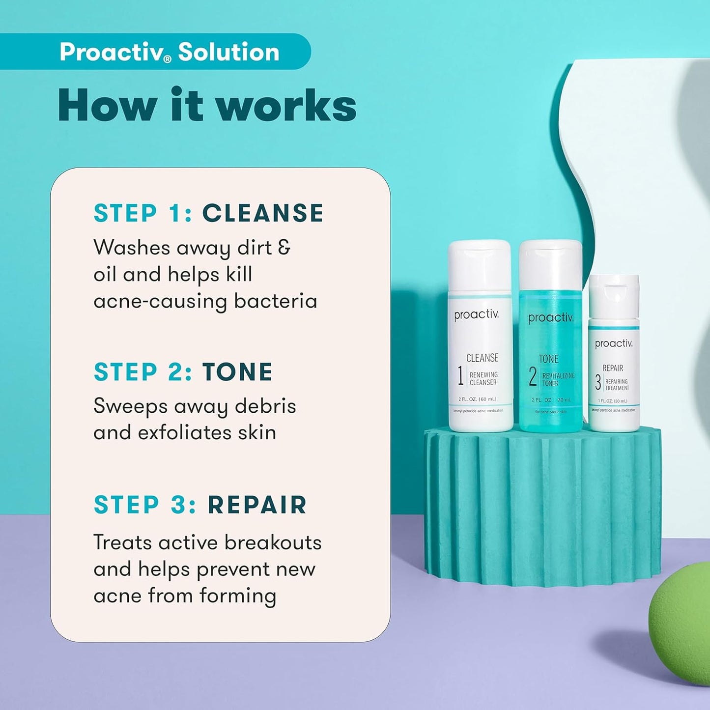 Proactiv 3-Step Acne Treatment – Benzoyl Peroxide Face Wash, Exfoliating Toner, Acne Spot Treatment & Repairing Spot Treatment for Face & Body | Complete 30-Day Kit