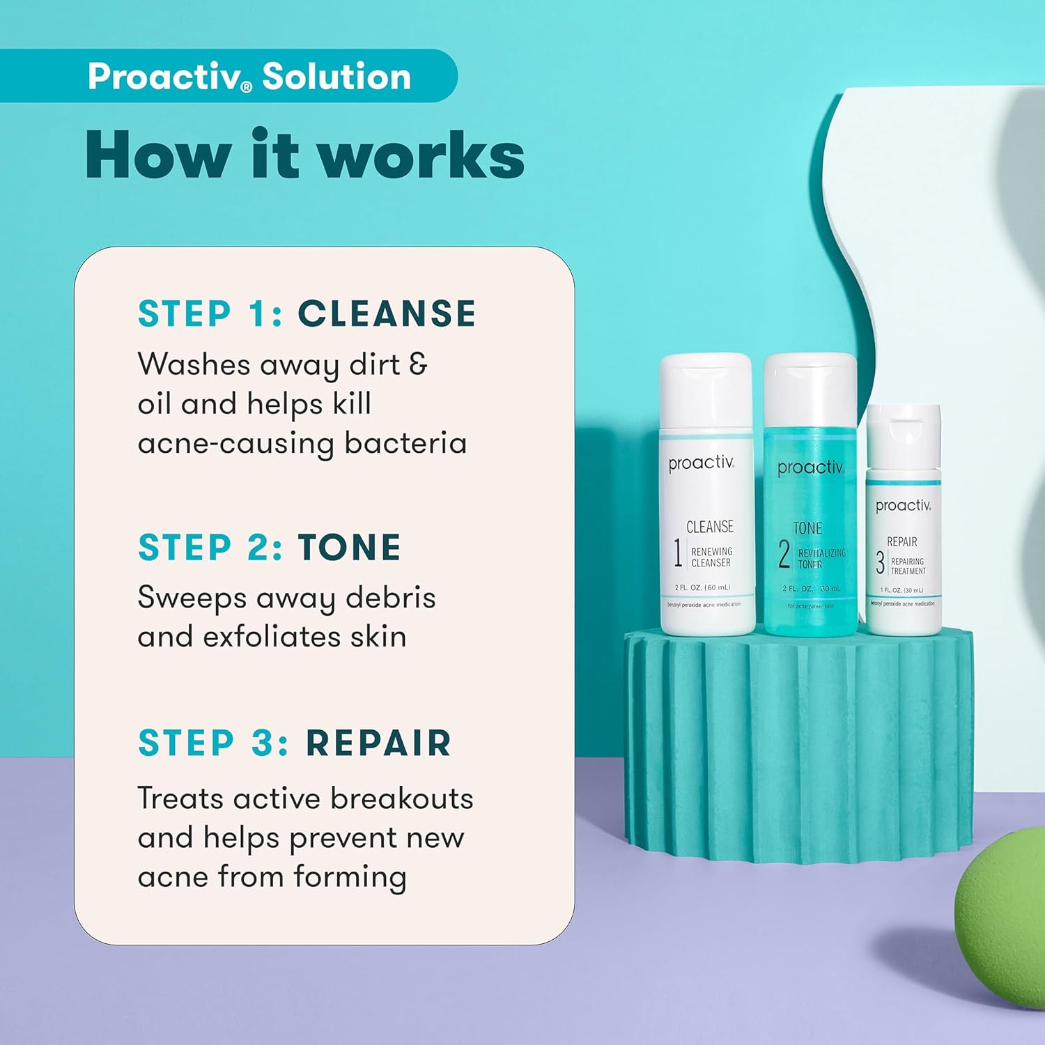 Proactiv 3-Step Acne Treatment – Benzoyl Peroxide Face Wash, Exfoliating Toner, Acne Spot Treatment & Repairing Spot Treatment for Face & Body | Complete 30-Day Kit