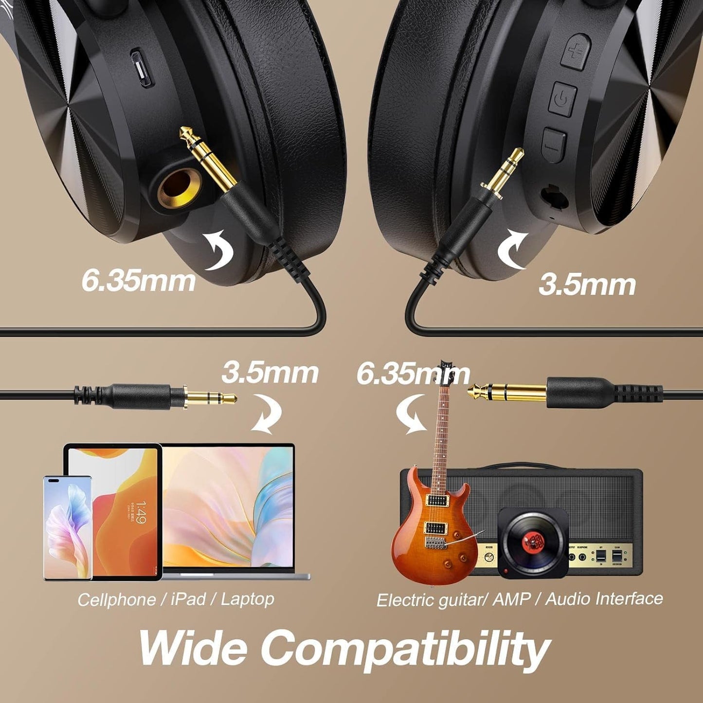 OneOdio A70 Bluetooth Over-Ear Headphones – Wireless Hi-Res Headphones with 72H Playtime, Built-In Mic, 3.5mm/6.35mm Wired Jack for Studio Monitoring, DJ Mixing, Gaming & PC Audio