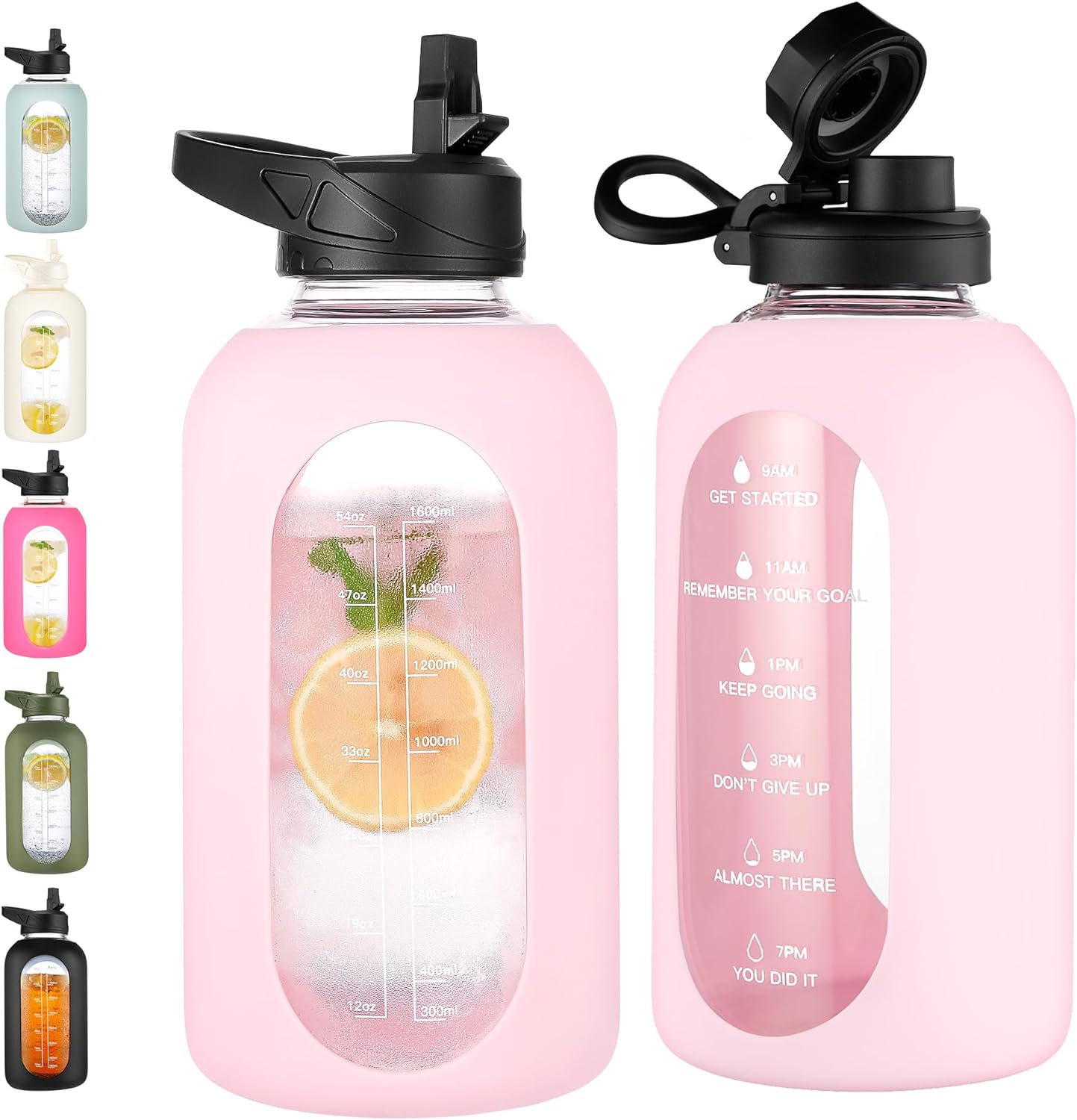 CIVAGO 32 Oz Glass Water Bottle – Leakproof Sports Flask with Straw, Handle, Silicone Sleeve, Time Marker & 2 Lids, Large Gym Water Jug, Black