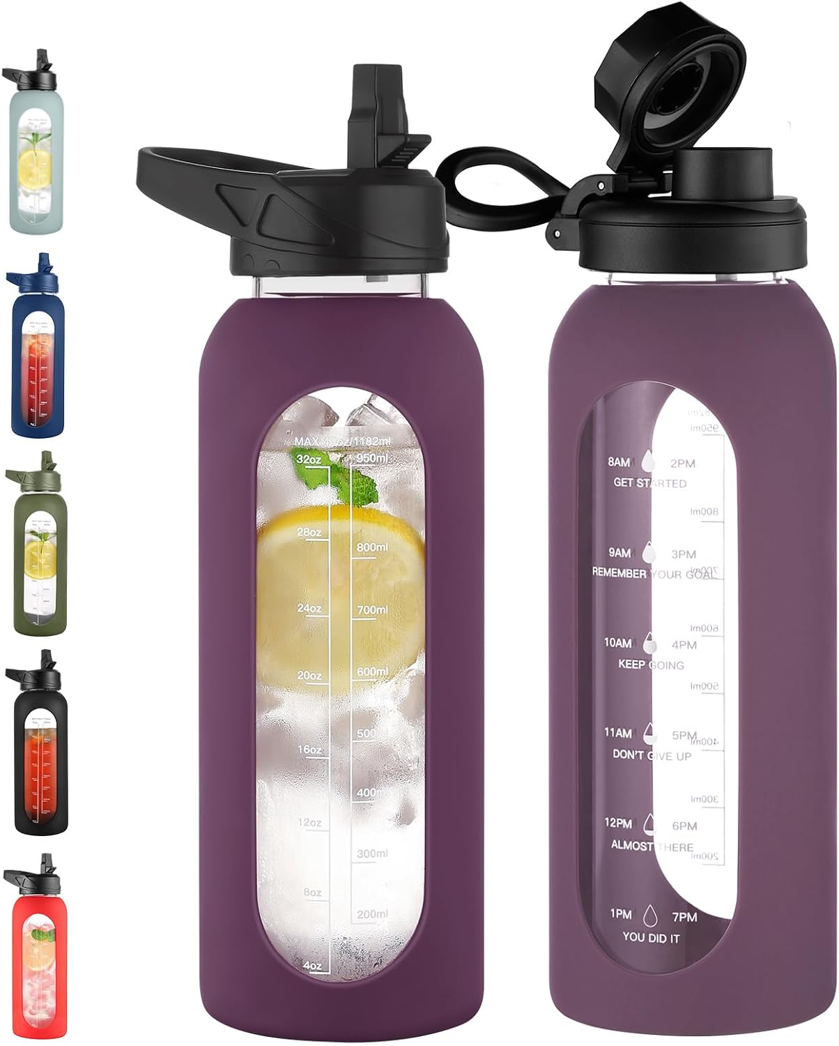 CIVAGO 32 Oz Glass Water Bottle – Leakproof Sports Flask with Straw, Handle, Silicone Sleeve, Time Marker & 2 Lids, Large Gym Water Jug, Black