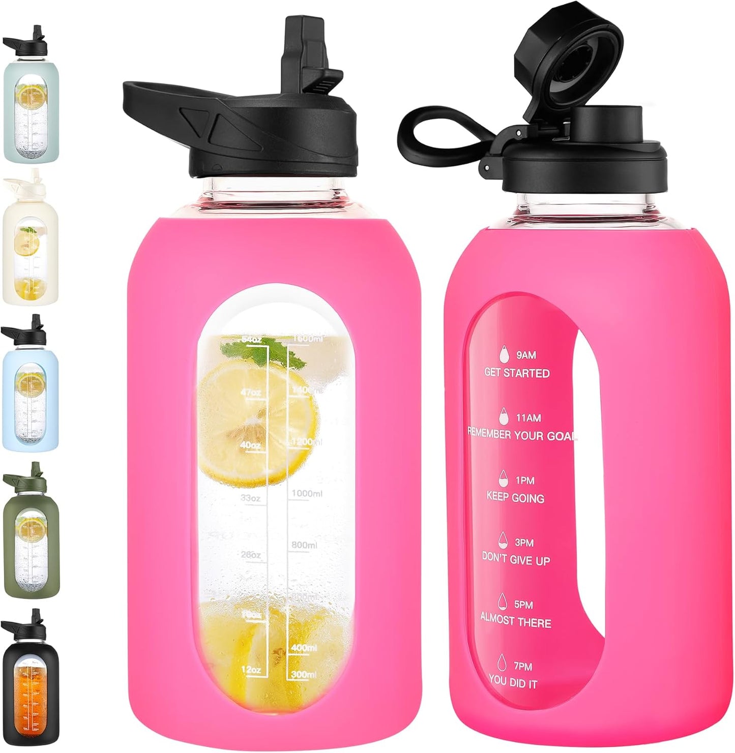 CIVAGO 32 Oz Glass Water Bottle – Leakproof Sports Flask with Straw, Handle, Silicone Sleeve, Time Marker & 2 Lids, Large Gym Water Jug, Black