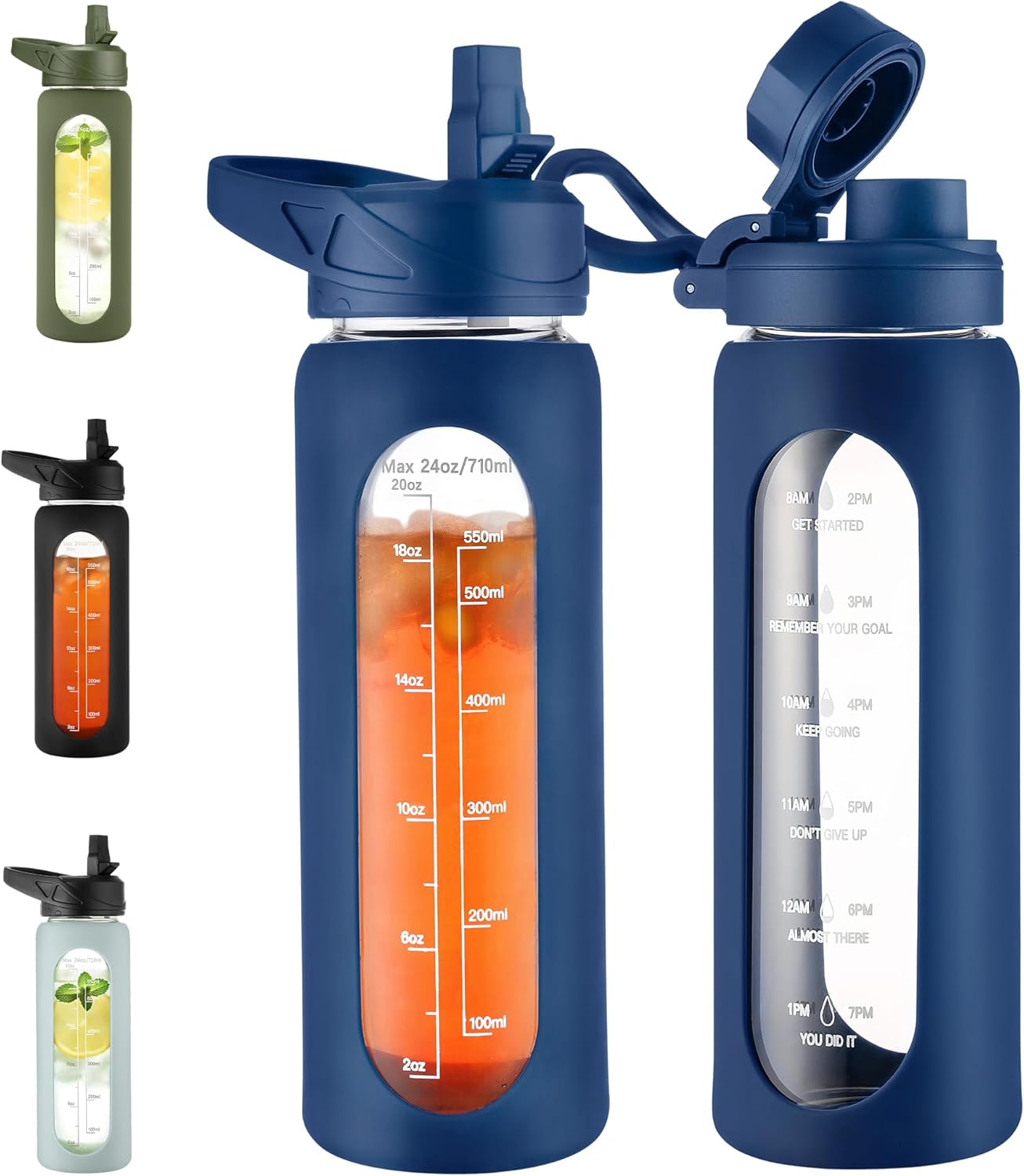 CIVAGO 32 Oz Glass Water Bottle – Leakproof Sports Flask with Straw, Handle, Silicone Sleeve, Time Marker & 2 Lids, Large Gym Water Jug, Black