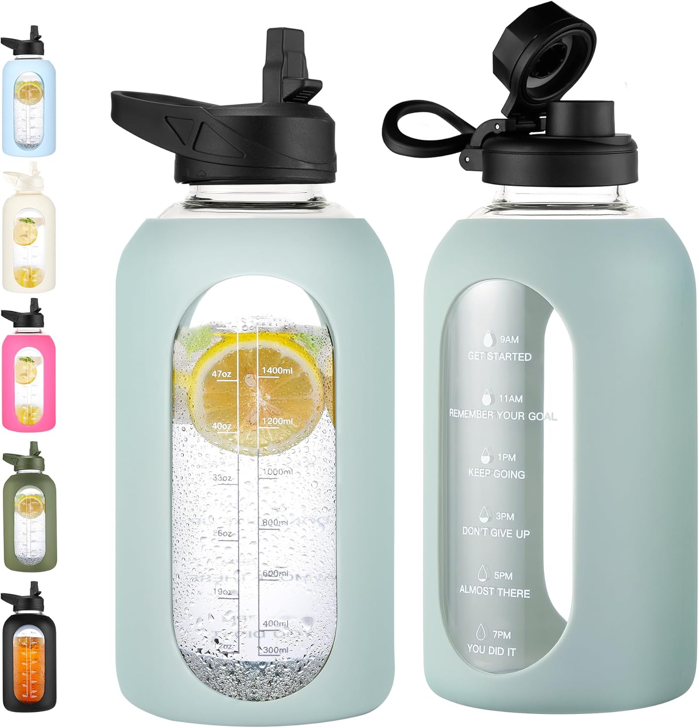 CIVAGO 32 Oz Glass Water Bottle – Leakproof Sports Flask with Straw, Handle, Silicone Sleeve, Time Marker & 2 Lids, Large Gym Water Jug, Black