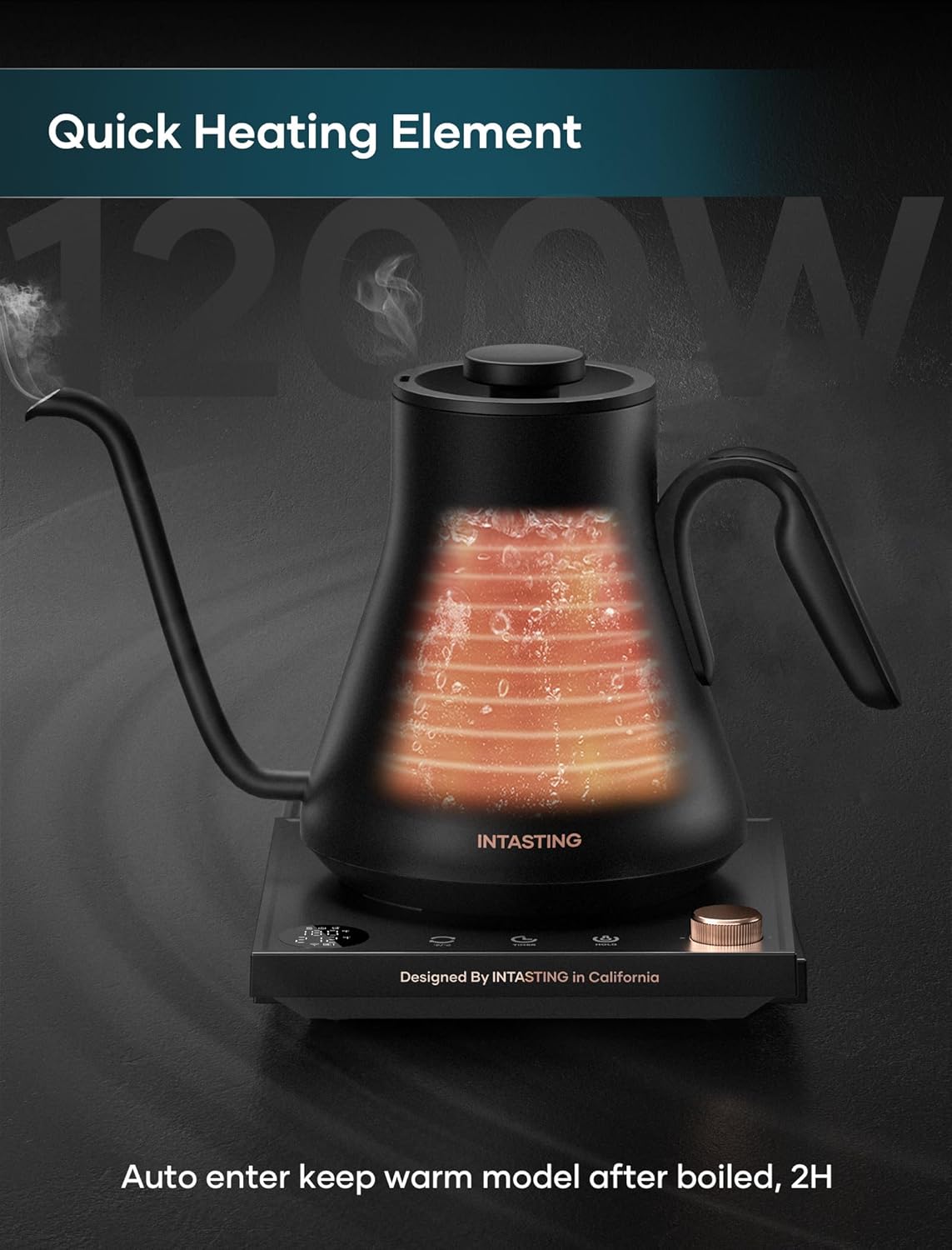 INTASTING Electric Gooseneck Kettle, ±1℉ Precise Temperature Control, Stainless Steel Interior, Fast Heating for Pour Over Coffee, Tea & Boiling Water
