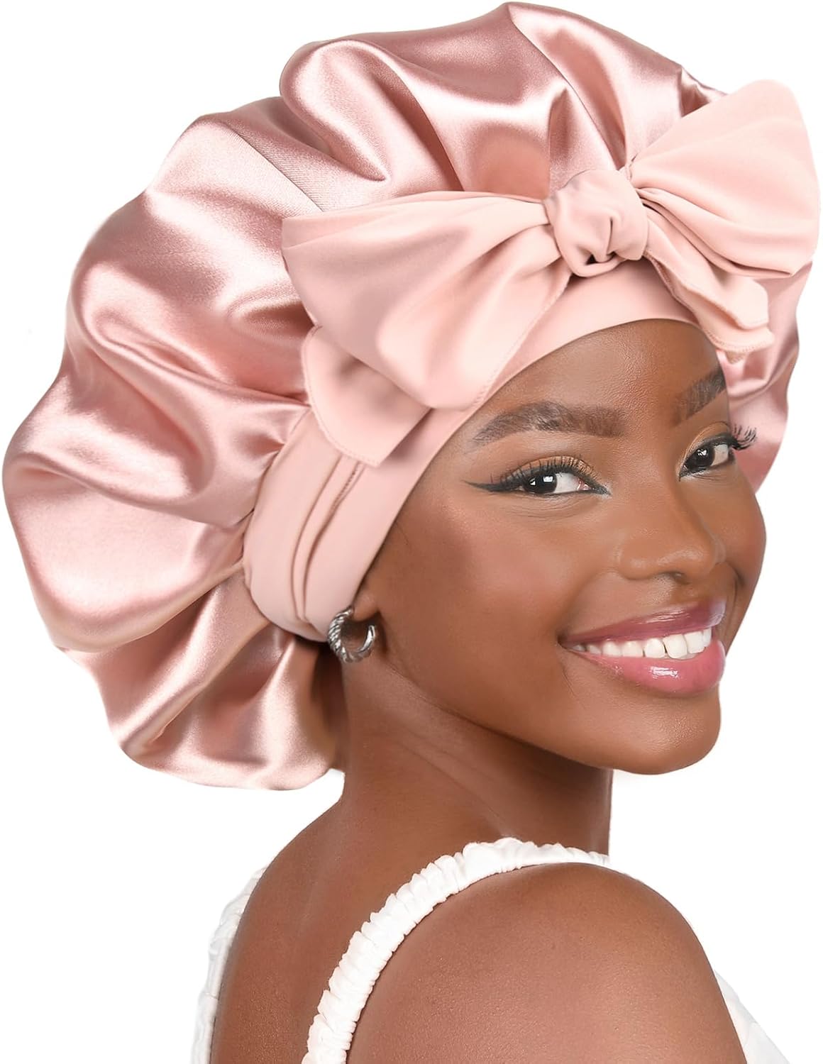 YANIBEST Adjustable Silk Bonnet - Stylish Blush Pink Double Layer Satin Hair Protector for Women, Reduces Frizz and Prevents Messy Hair While Sleeping