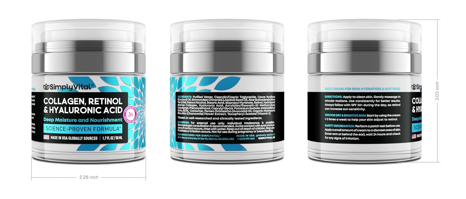 SimplyVital Collagen, Retinol & Hyaluronic Acid Cream – Anti-Aging Face & Neck Moisturizer, Firming Day & Night Cream (1.7 fl oz)