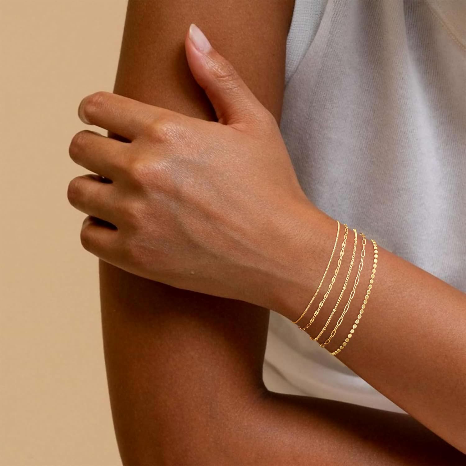 MBW Gold Bracelets for Women – 14K Gold Plated Stackable Beaded & Paperclip Chain Bracelet Set, Trendy Waterproof Fashion Jewelry