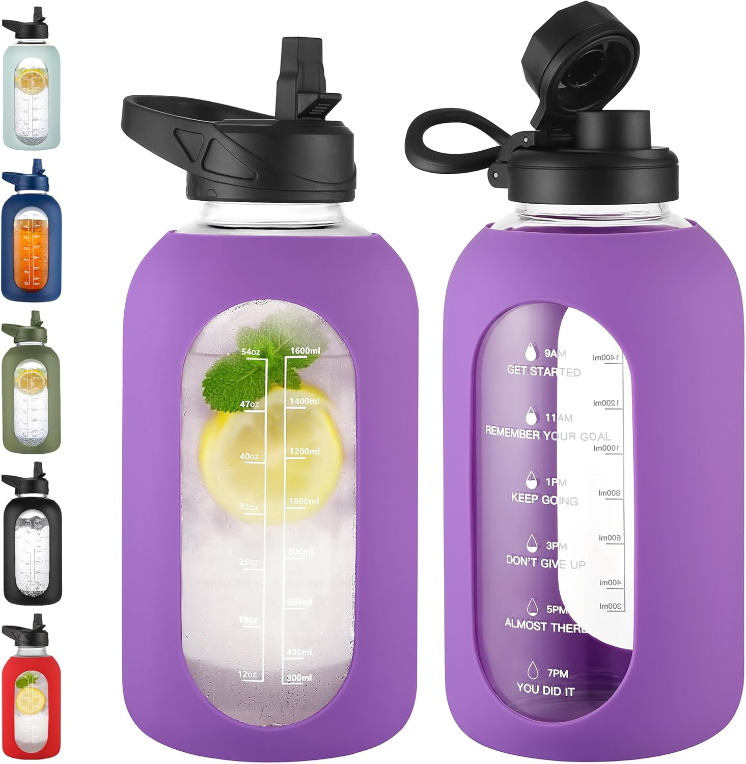 CIVAGO 32 Oz Glass Water Bottle – Leakproof Sports Flask with Straw, Handle, Silicone Sleeve, Time Marker & 2 Lids, Large Gym Water Jug, Black