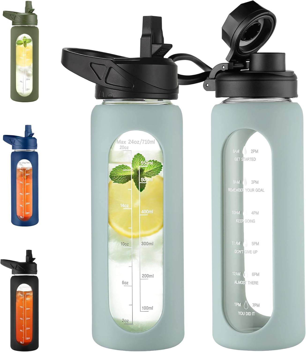 CIVAGO 32 Oz Glass Water Bottle – Leakproof Sports Flask with Straw, Handle, Silicone Sleeve, Time Marker & 2 Lids, Large Gym Water Jug, Black