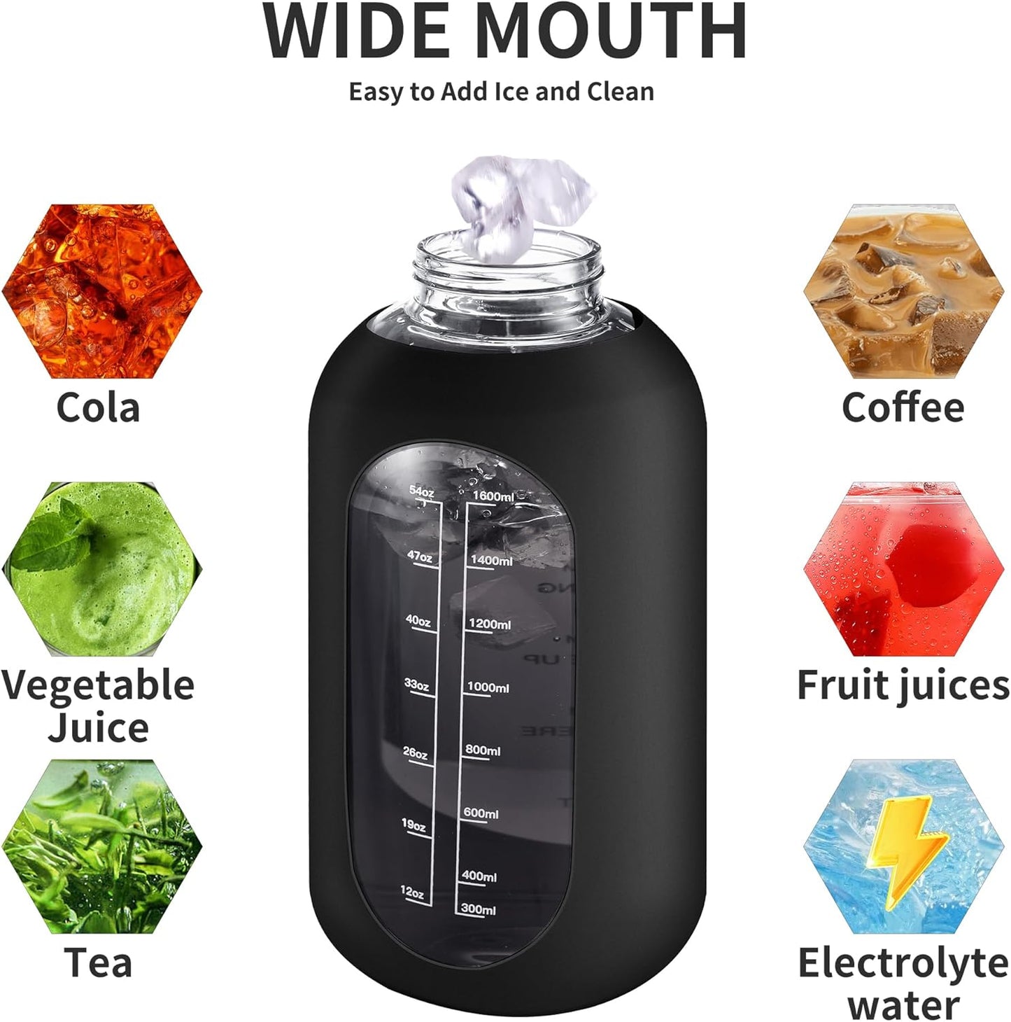 CIVAGO 32 Oz Glass Water Bottle – Leakproof Sports Flask with Straw, Handle, Silicone Sleeve, Time Marker & 2 Lids, Large Gym Water Jug, Black