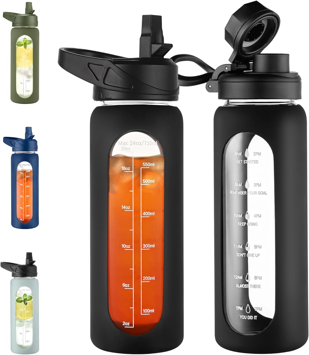 CIVAGO 32 Oz Glass Water Bottle – Leakproof Sports Flask with Straw, Handle, Silicone Sleeve, Time Marker & 2 Lids, Large Gym Water Jug, Black