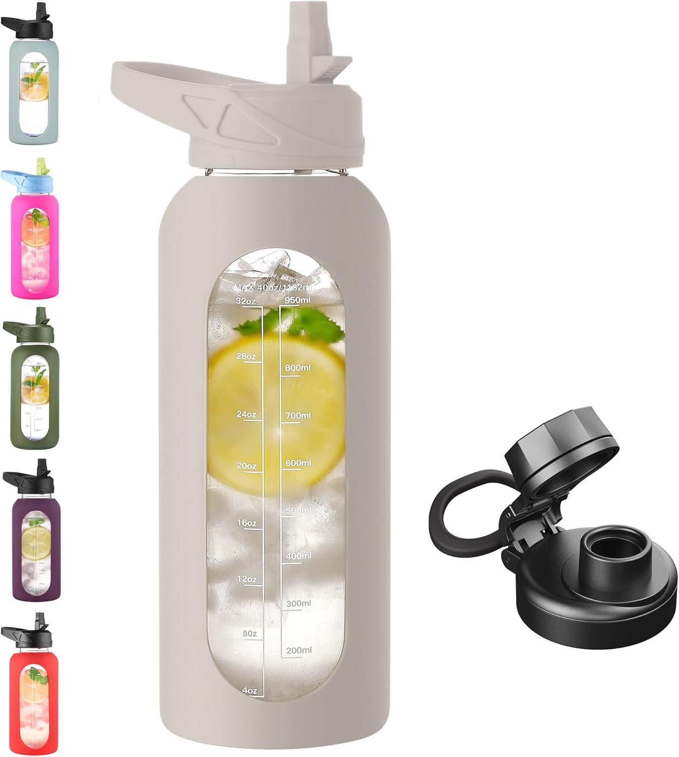 CIVAGO 32 Oz Glass Water Bottle – Leakproof Sports Flask with Straw, Handle, Silicone Sleeve, Time Marker & 2 Lids, Large Gym Water Jug, Black