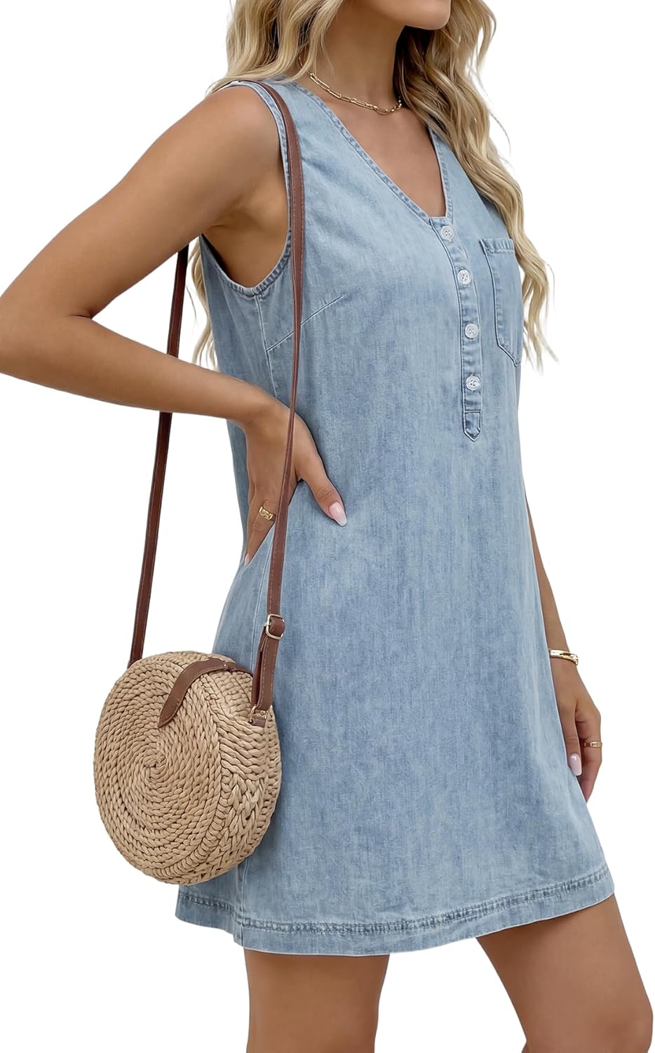 Rooscier Women's Sleeveless V-Neck Button Front Denim Mini Dress – Casual Summer Jean Dress with Pockets