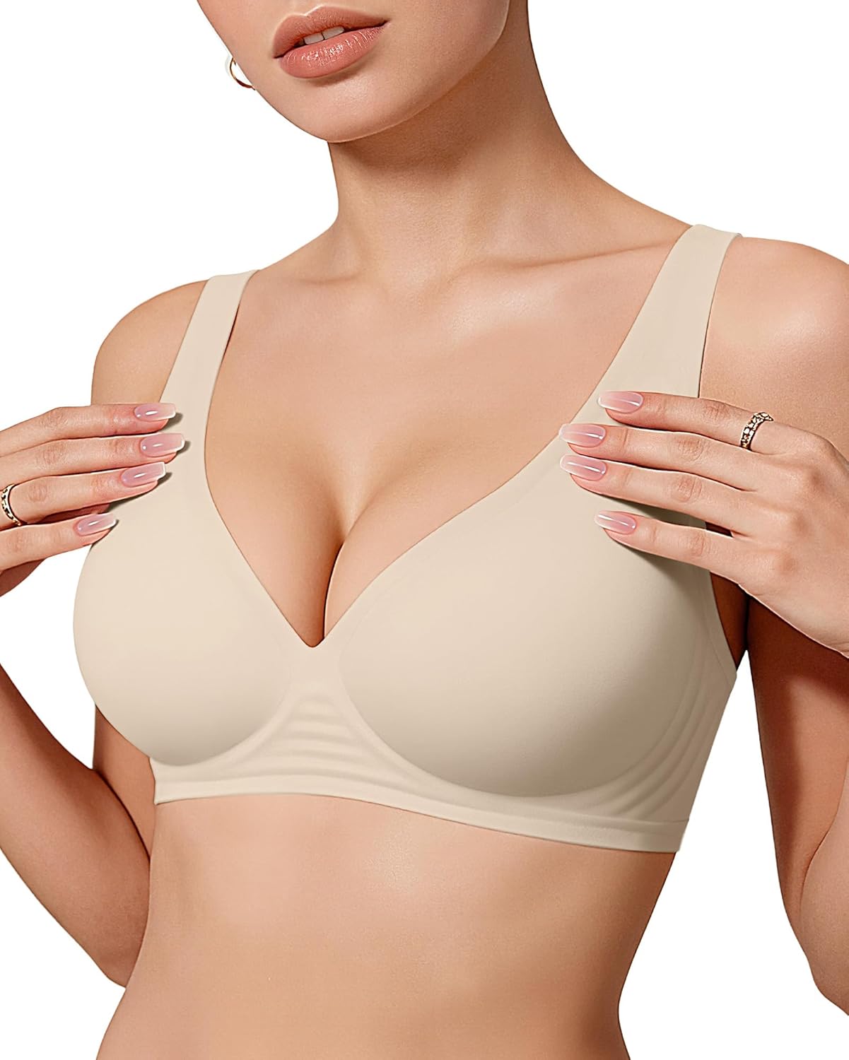 OEAK Women’s Deep V Wireless Bra – Seamless Plunge T-Shirt Bra with Push-Up Support, Comfortable No-Underwire Bralette
