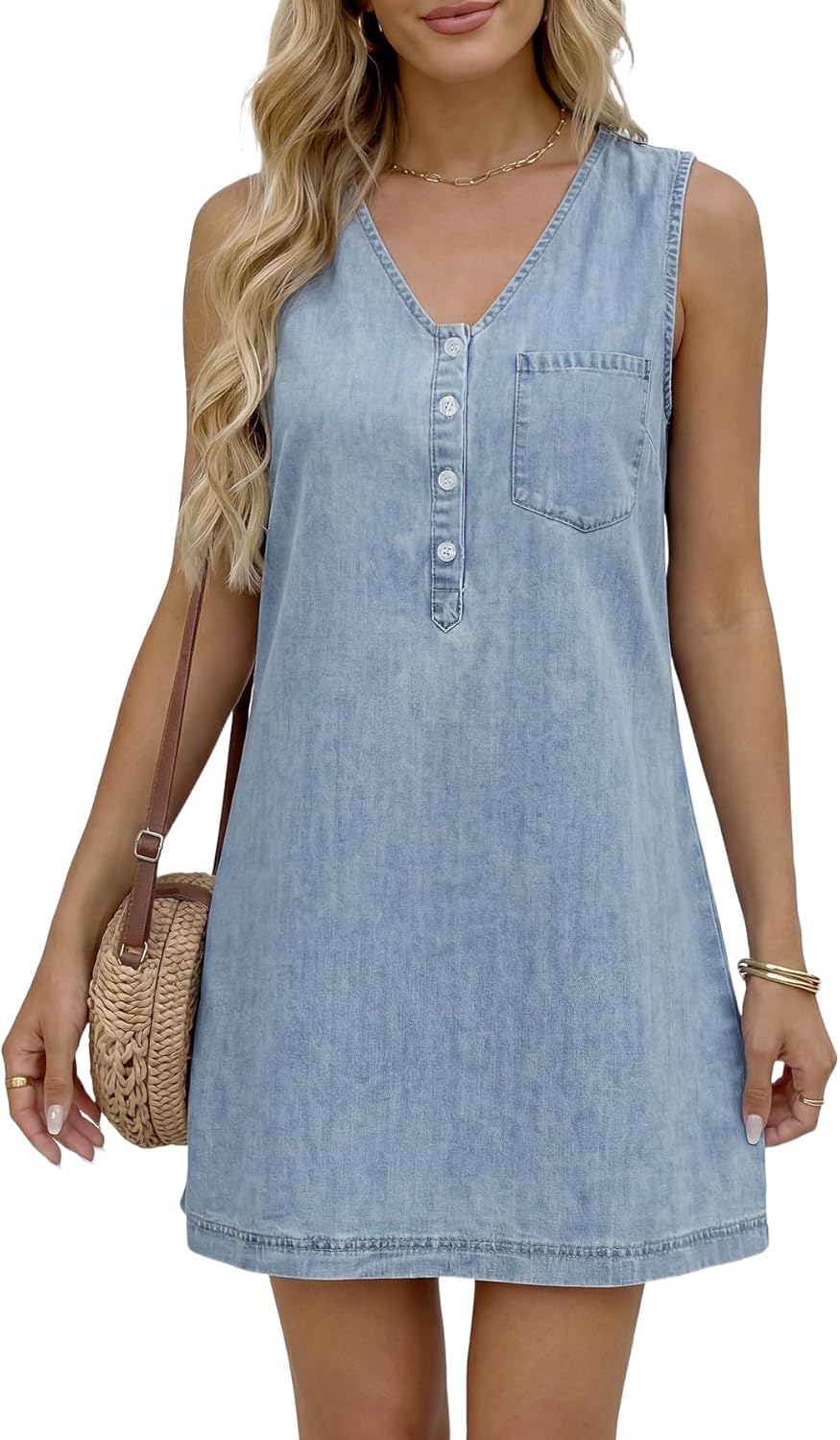 Rooscier Women's Sleeveless V-Neck Button Front Denim Mini Dress – Casual Summer Jean Dress with Pockets