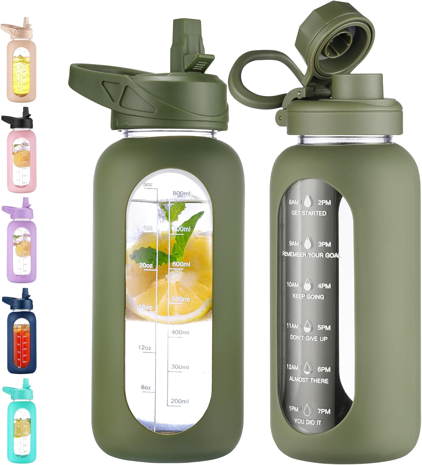 CIVAGO 32 Oz Glass Water Bottle – Leakproof Sports Flask with Straw, Handle, Silicone Sleeve, Time Marker & 2 Lids, Large Gym Water Jug, Black