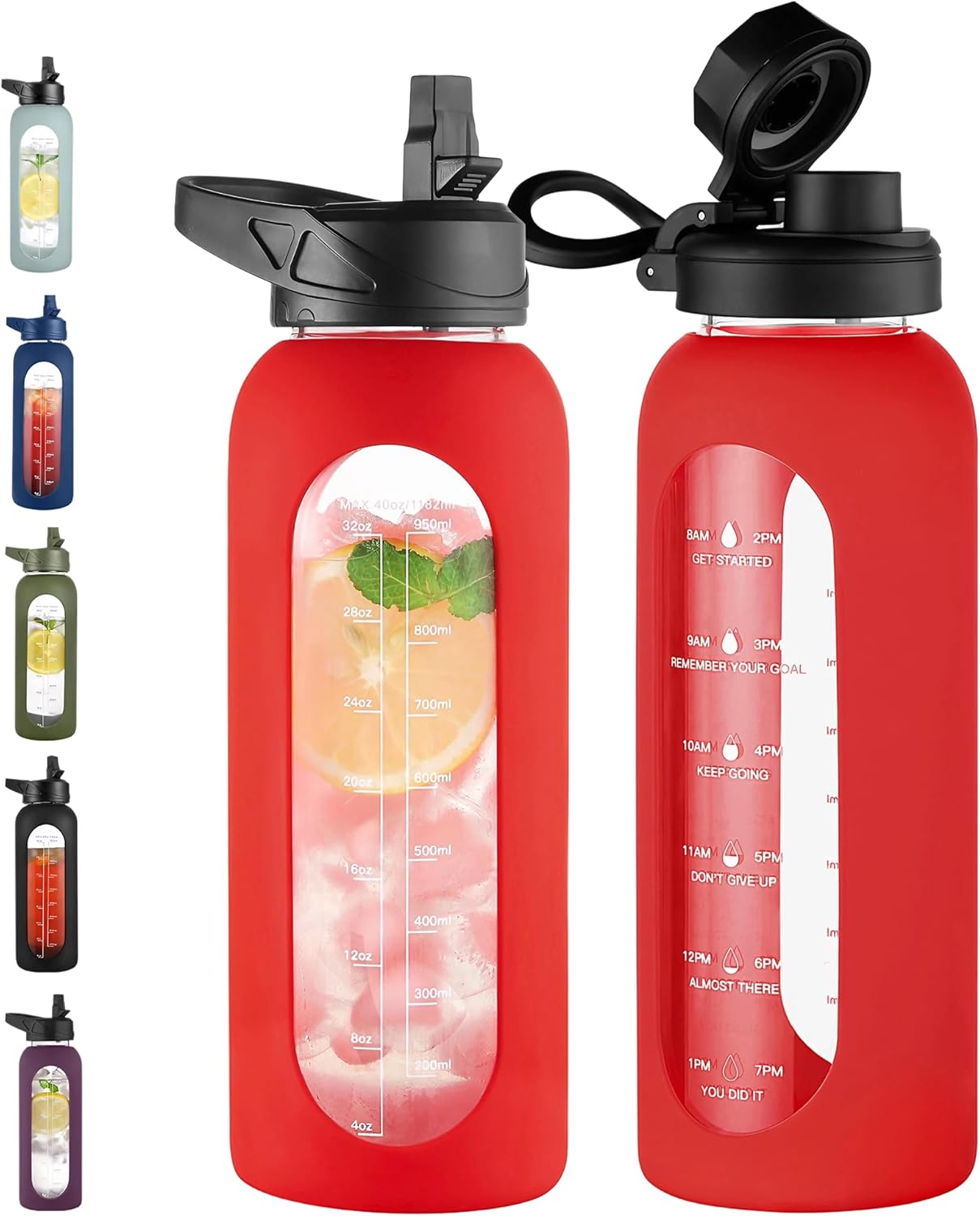 CIVAGO 32 Oz Glass Water Bottle – Leakproof Sports Flask with Straw, Handle, Silicone Sleeve, Time Marker & 2 Lids, Large Gym Water Jug, Black