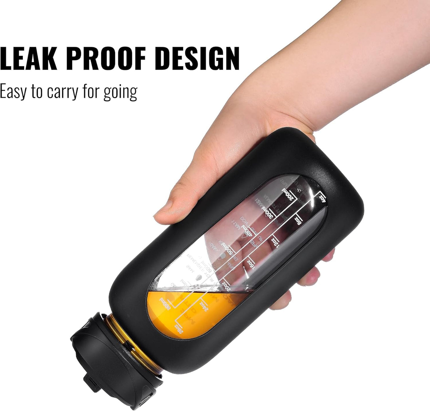 CIVAGO 32 Oz Glass Water Bottle – Leakproof Sports Flask with Straw, Handle, Silicone Sleeve, Time Marker & 2 Lids, Large Gym Water Jug, Black