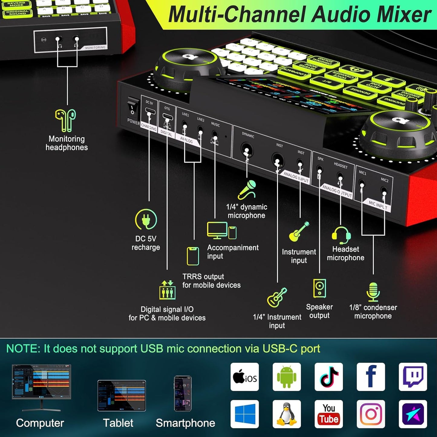 Podcast Equipment Bundle with Live Sound Card Audio Mixer – 3.5mm Condenser Microphone for PC, Phone, Streaming, Gaming & Singing