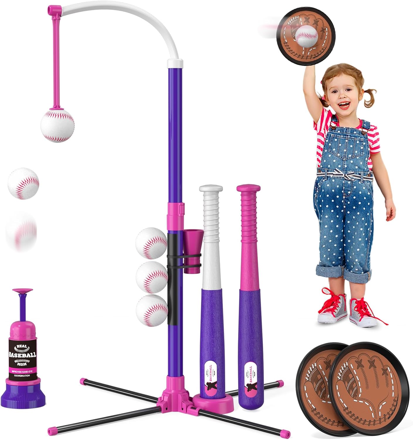 Kids 3-in-1 Baseball Set for Toddler Ages 3–5 – Adjustable Tee Ball Stand with Hanging Tee, Ball Launcher, 6 Softballs for Boys & Girls