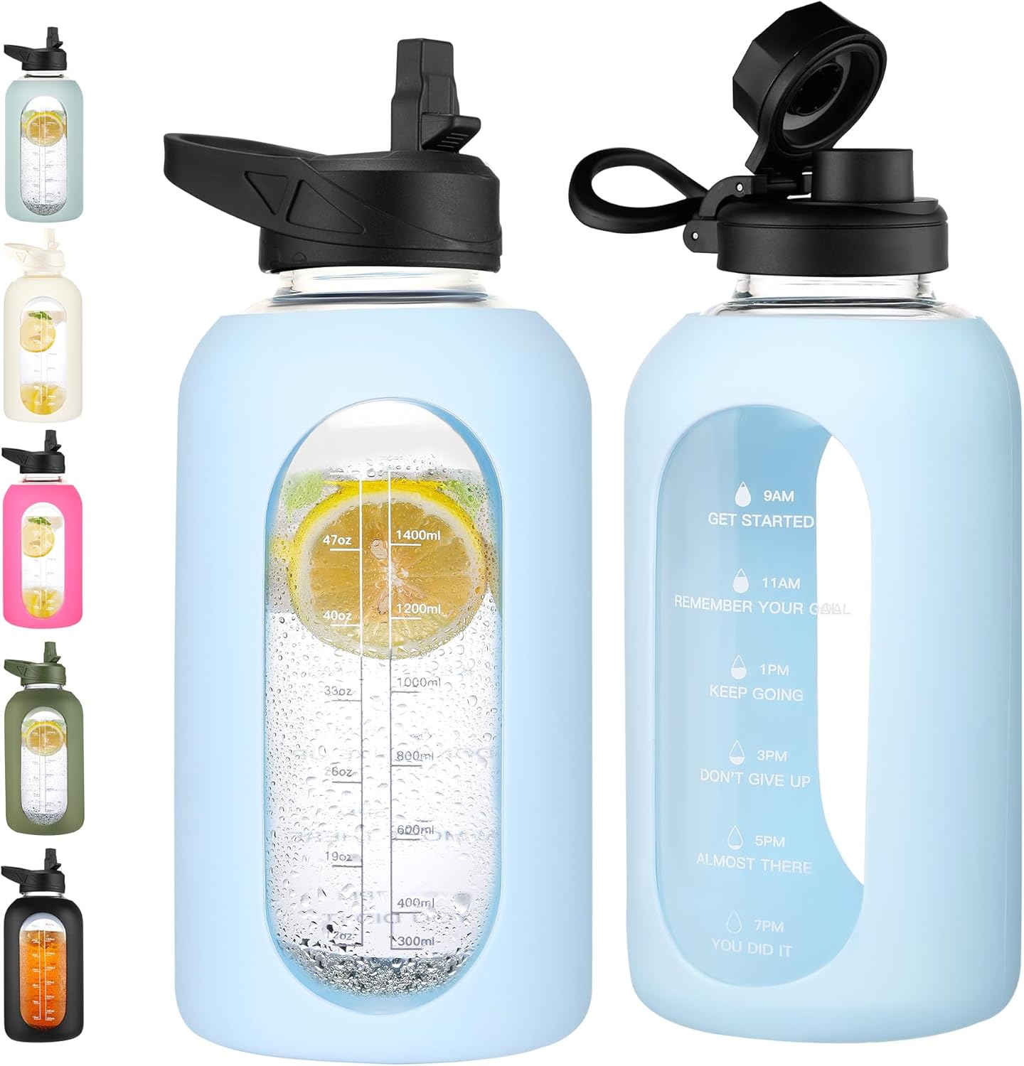 CIVAGO 32 Oz Glass Water Bottle – Leakproof Sports Flask with Straw, Handle, Silicone Sleeve, Time Marker & 2 Lids, Large Gym Water Jug, Black