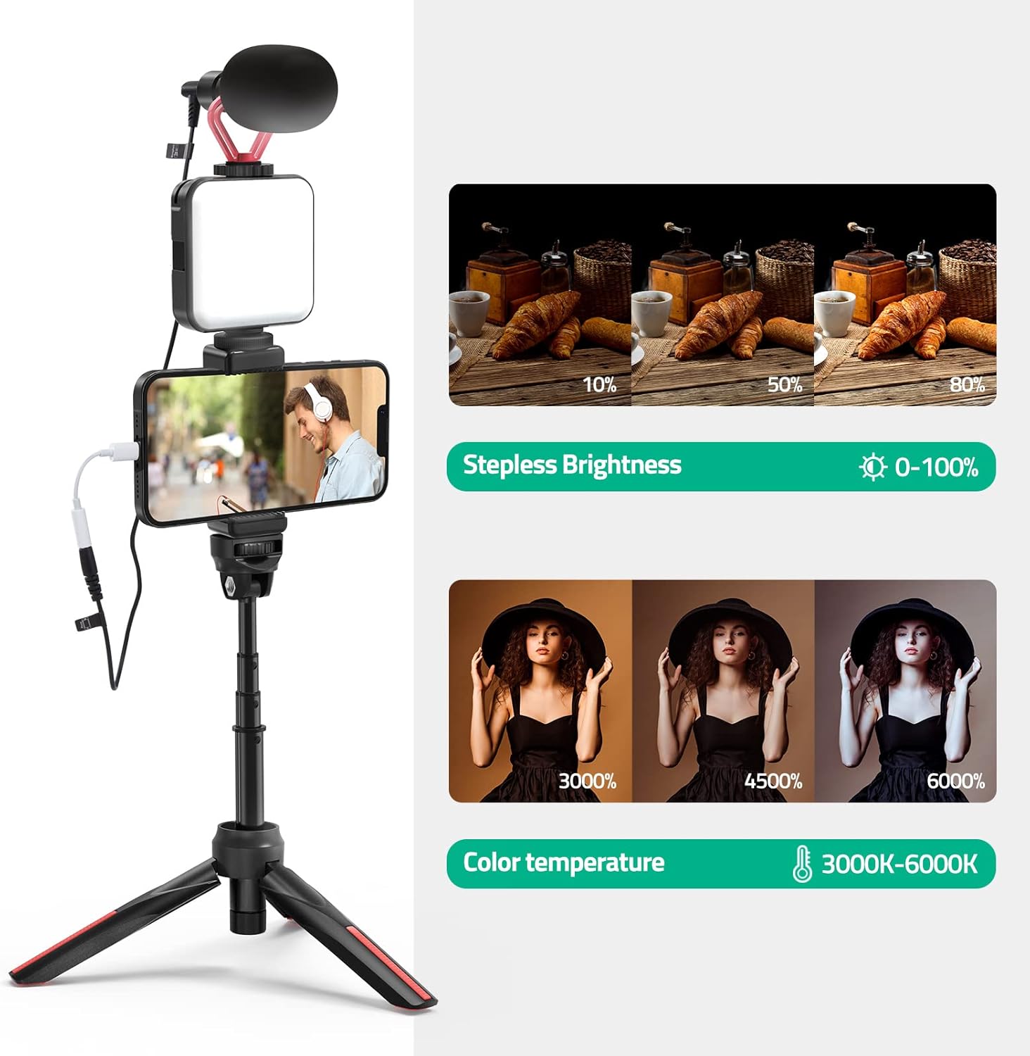 TECELKS Smartphone Video Vlogging Kit - LED Light, Tripod, Microphone, Phone Holder & Carry Bag, Starter Kit for iPhone & Android Content Creators