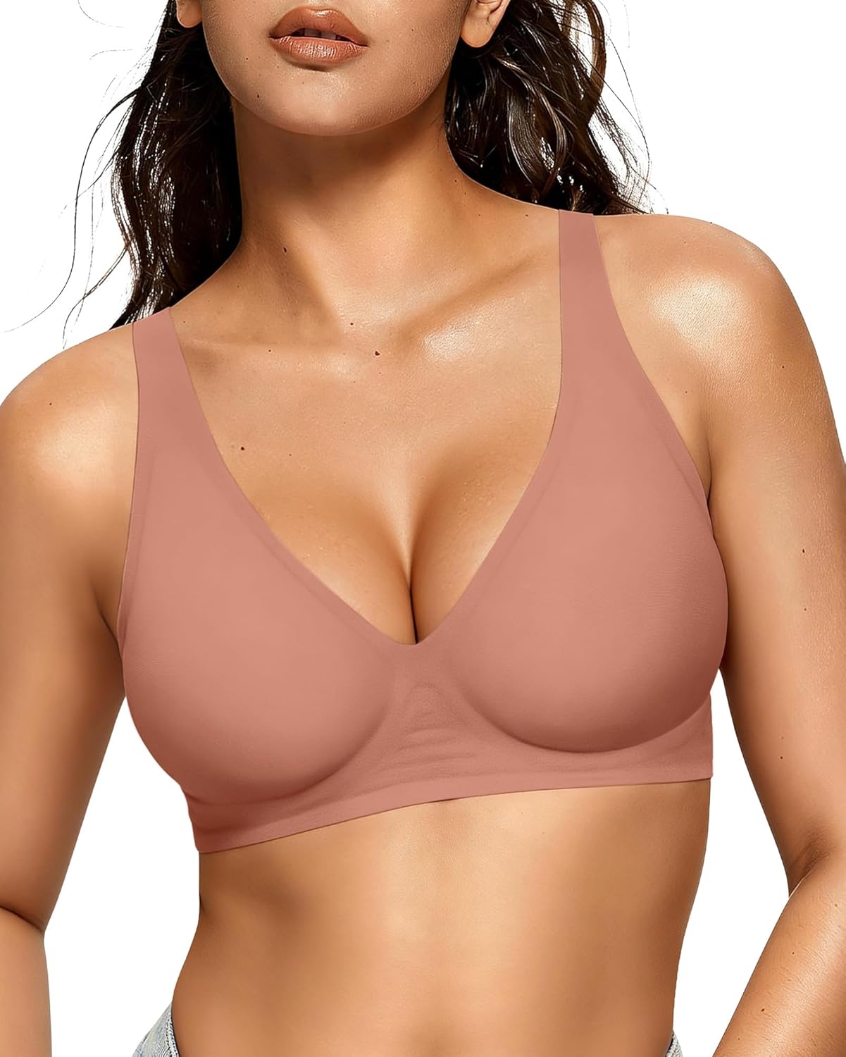 OEAK Women’s Deep V Wireless Bra – Seamless Plunge T-Shirt Bra with Push-Up Support, Comfortable No-Underwire Bralette