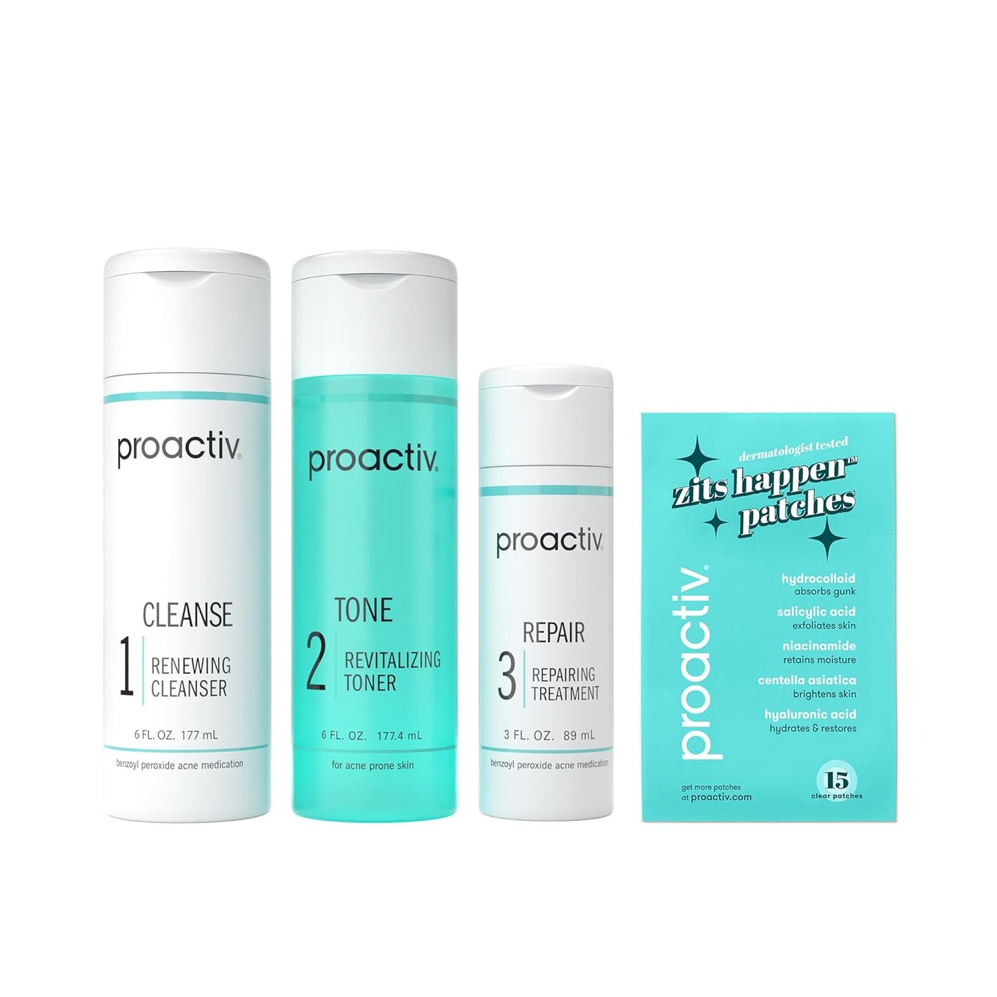 Proactiv 3-Step Acne Treatment – Benzoyl Peroxide Face Wash, Exfoliating Toner, Acne Spot Treatment & Repairing Spot Treatment for Face & Body | Complete 30-Day Kit
