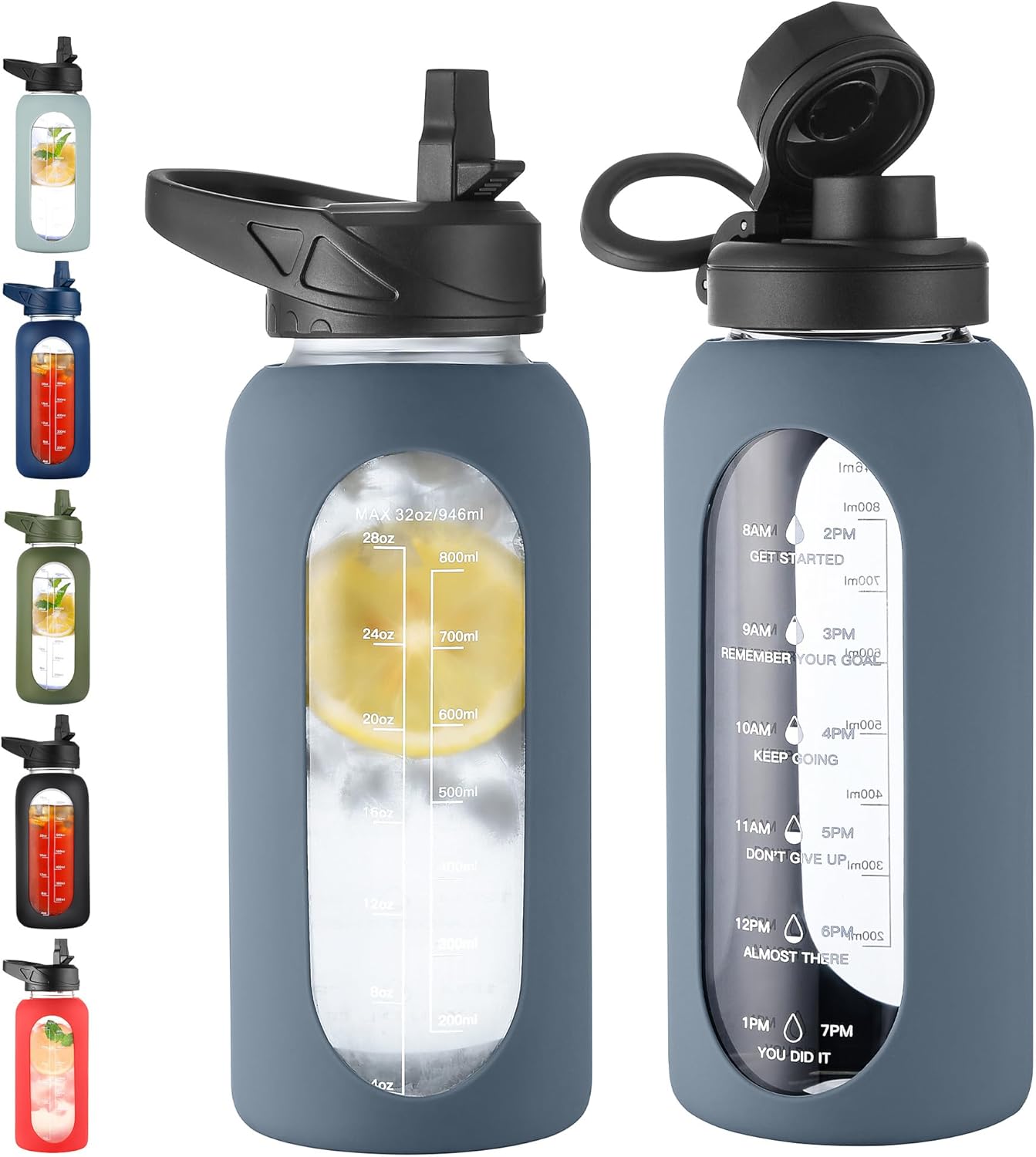 CIVAGO 32 Oz Glass Water Bottle – Leakproof Sports Flask with Straw, Handle, Silicone Sleeve, Time Marker & 2 Lids, Large Gym Water Jug, Black