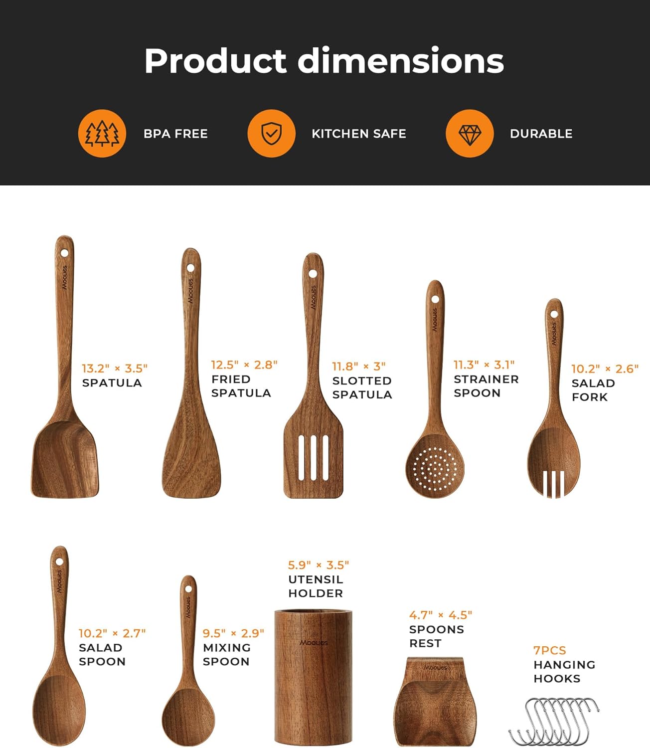 Mooues 9-Piece Acacia Wood Cooking Utensils Set with Holder & Spoon Rest – Natural Wooden Kitchen Tools