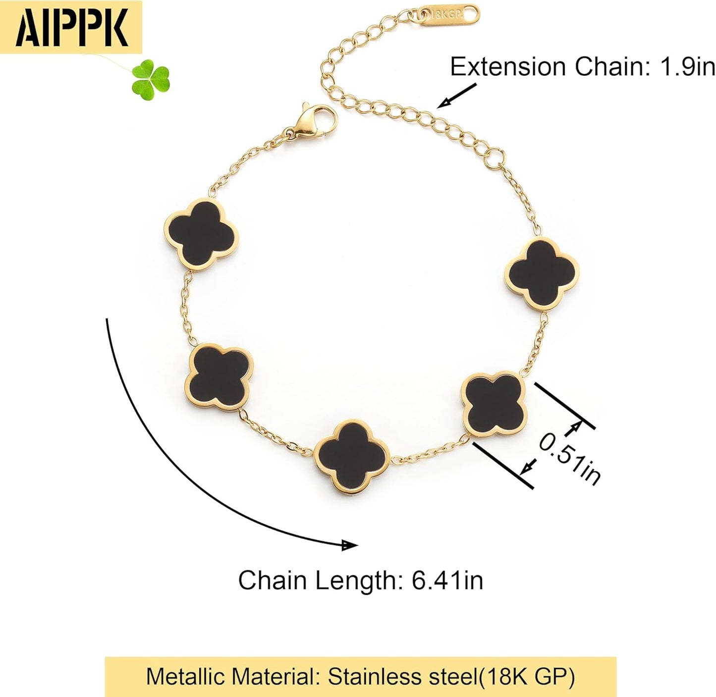 18K Gold Plated Clover Bracelet for Women - Four Leaf Flower Link Lucky Charm Jewelry in Black, White, Red, Pink, Blue and Green