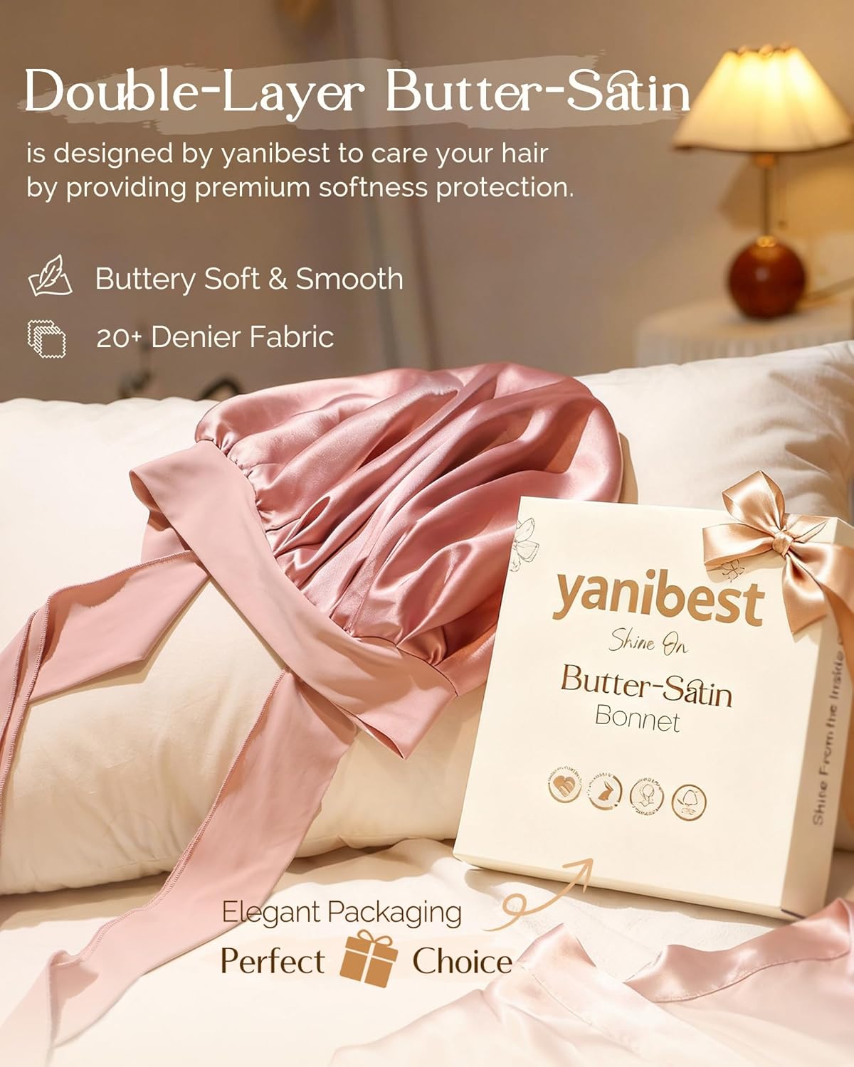 YANIBEST Adjustable Silk Bonnet - Stylish Blush Pink Double Layer Satin Hair Protector for Women, Reduces Frizz and Prevents Messy Hair While Sleeping