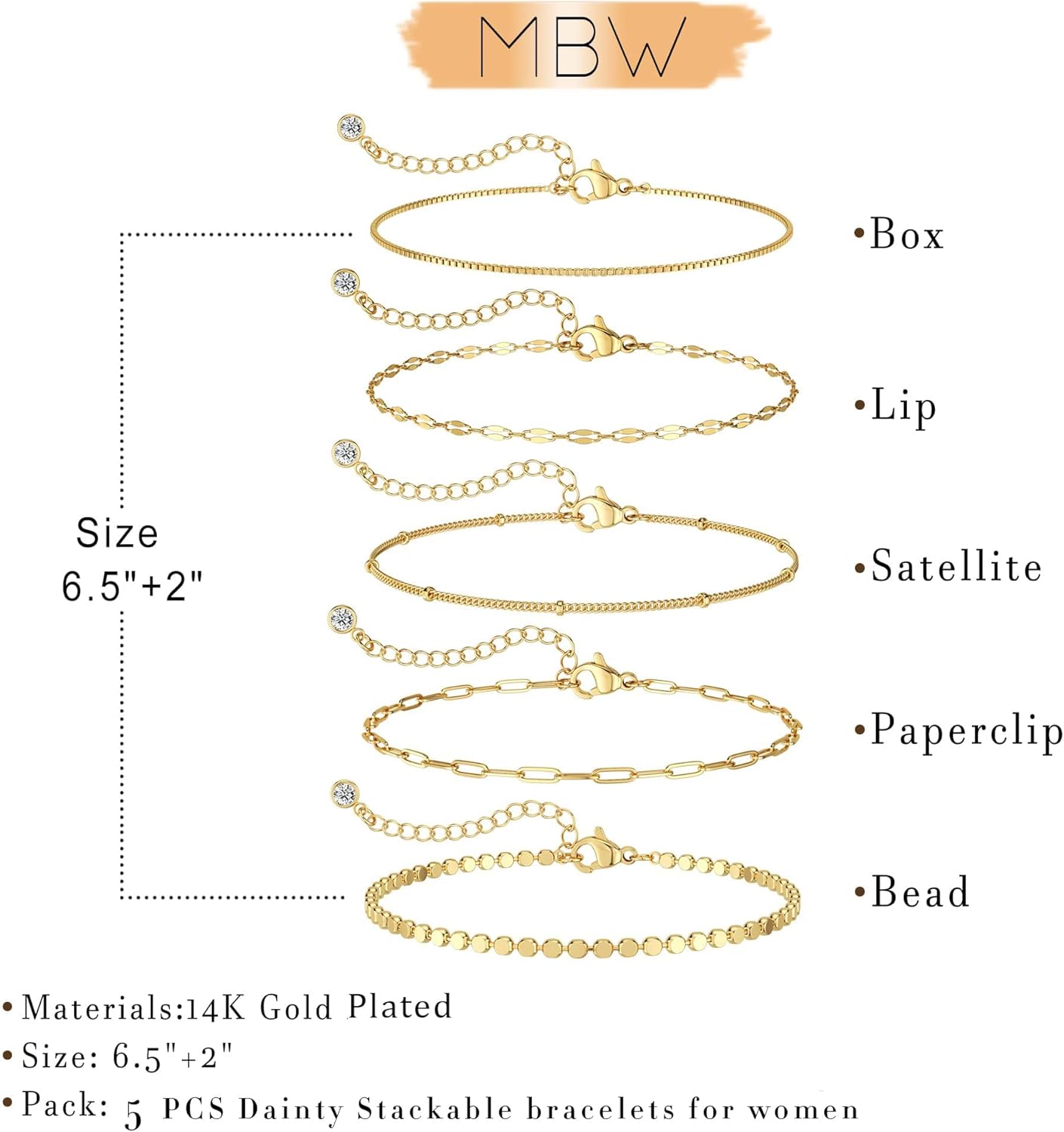 MBW Gold Bracelets for Women – 14K Gold Plated Stackable Beaded & Paperclip Chain Bracelet Set, Trendy Waterproof Fashion Jewelry