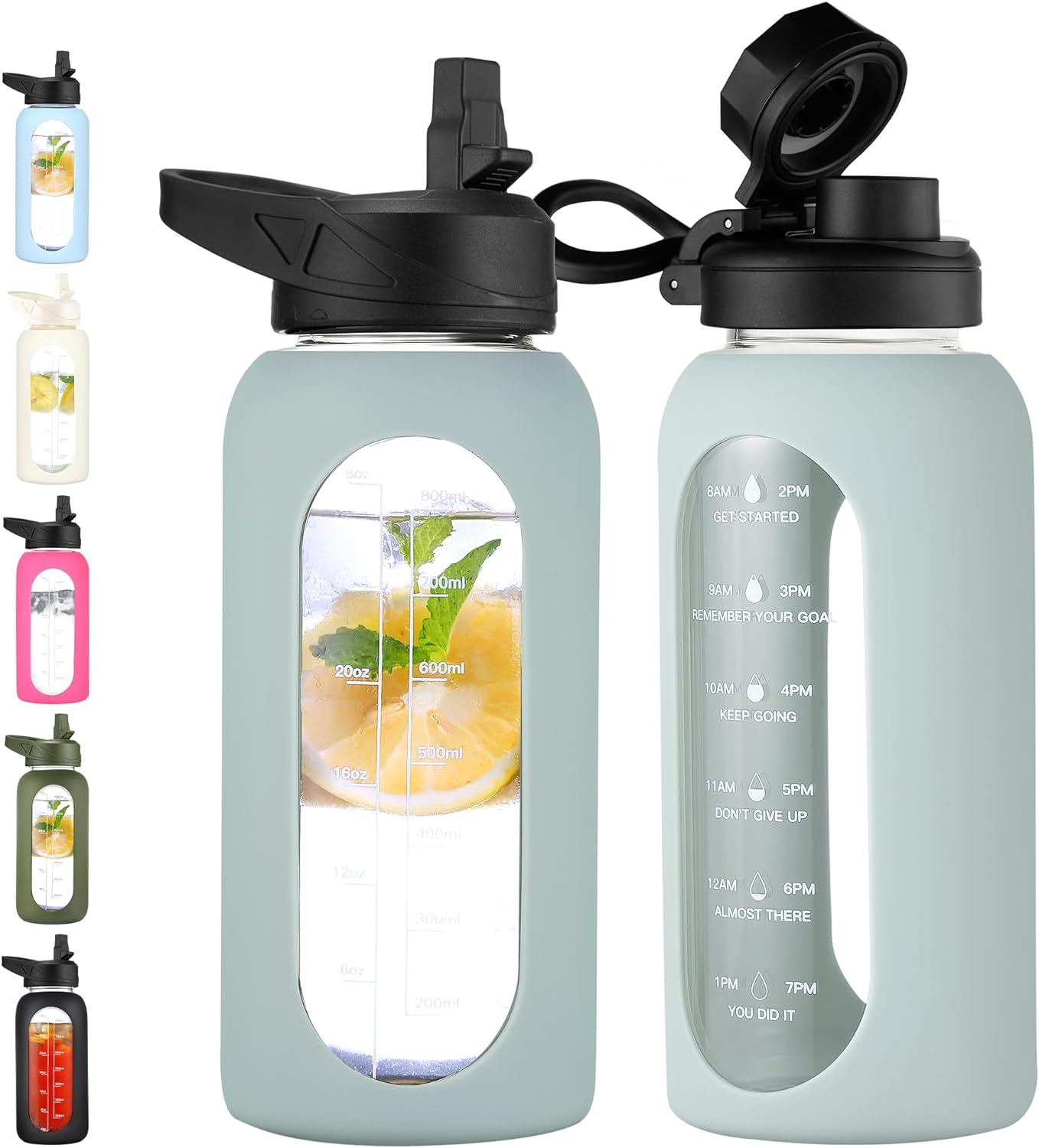 CIVAGO 32 Oz Glass Water Bottle – Leakproof Sports Flask with Straw, Handle, Silicone Sleeve, Time Marker & 2 Lids, Large Gym Water Jug, Black