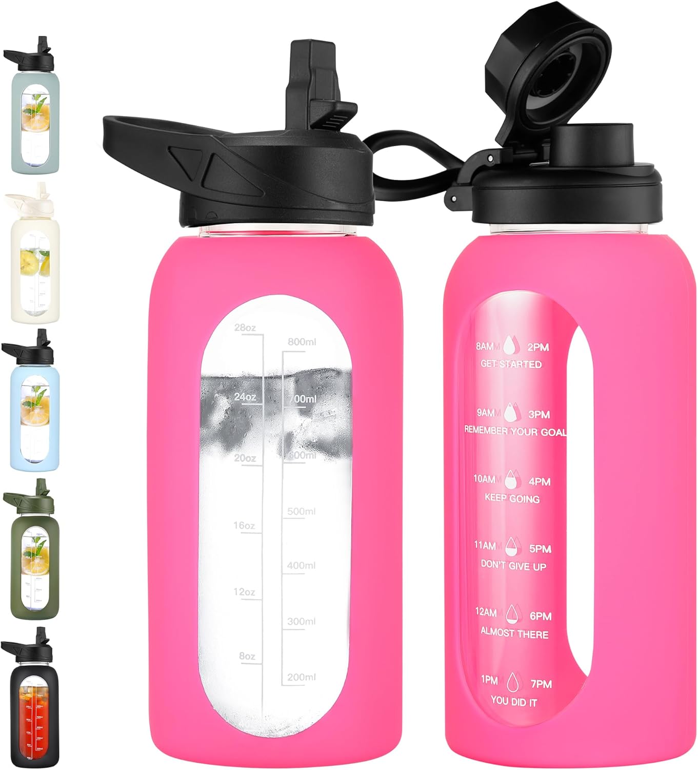 CIVAGO 32 Oz Glass Water Bottle – Leakproof Sports Flask with Straw, Handle, Silicone Sleeve, Time Marker & 2 Lids, Large Gym Water Jug, Black