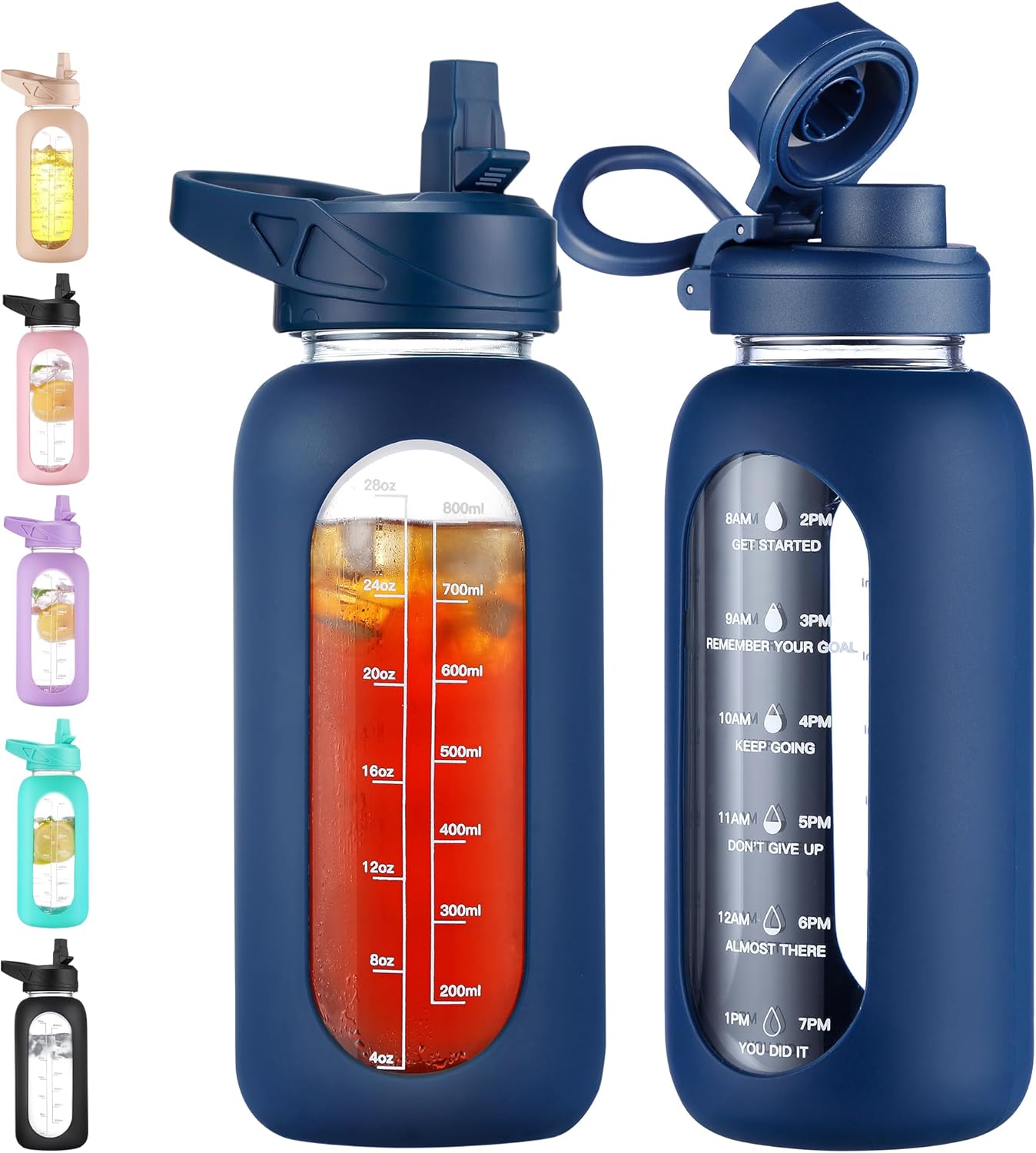 CIVAGO 32 Oz Glass Water Bottle – Leakproof Sports Flask with Straw, Handle, Silicone Sleeve, Time Marker & 2 Lids, Large Gym Water Jug, Black