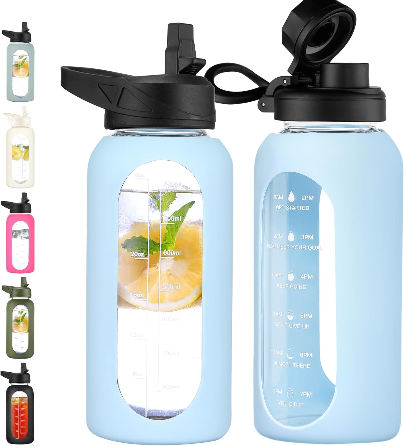 CIVAGO 32 Oz Glass Water Bottle – Leakproof Sports Flask with Straw, Handle, Silicone Sleeve, Time Marker & 2 Lids, Large Gym Water Jug, Black