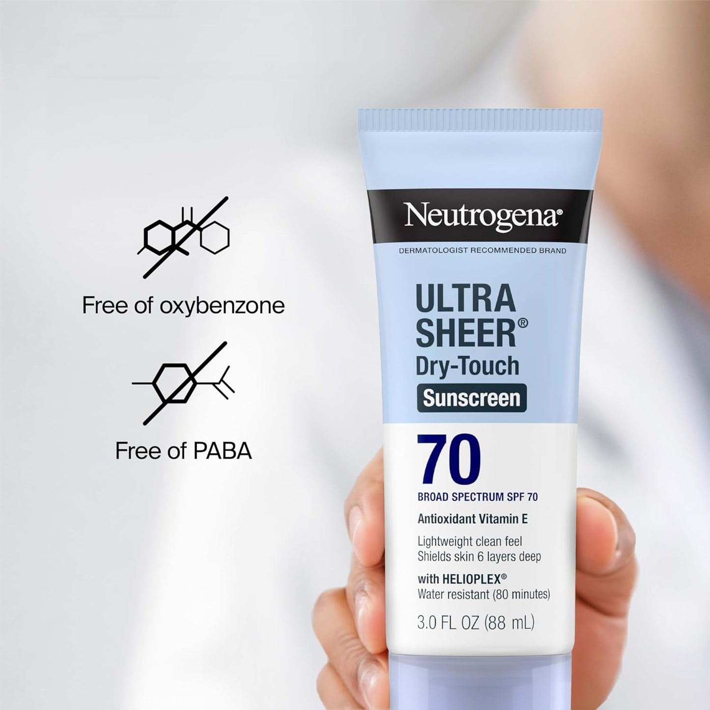 Neutrogena Ultra Sheer SPF 70 Sunscreen Lotion – Dry-Touch Matte Finish, Broad Spectrum Protection, Oil-Free & Non-Comedogenic, Water Resistant 80 Minutes, 3oz Travel Size