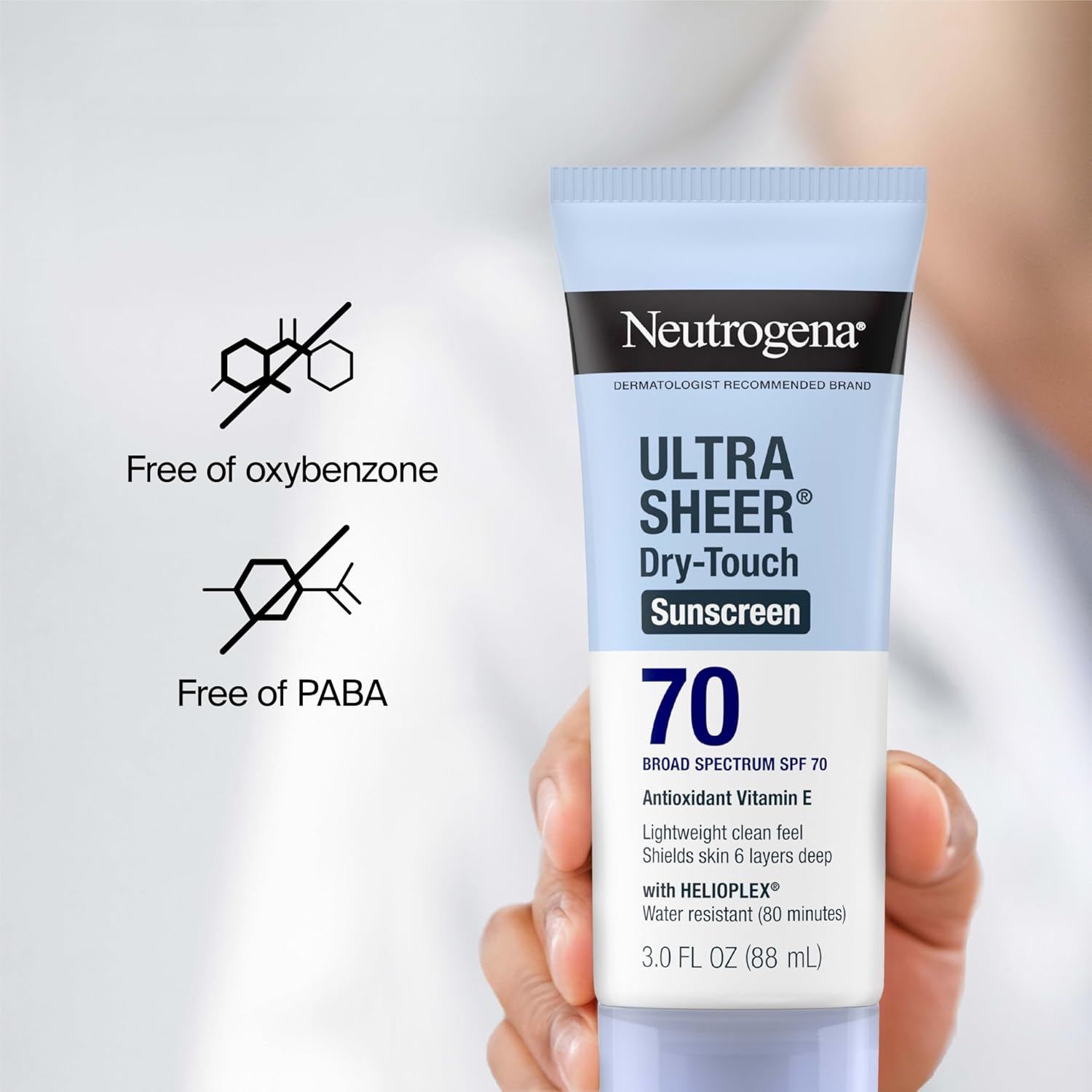 Neutrogena Ultra Sheer SPF 70 Sunscreen Lotion – Dry-Touch Matte Finish, Broad Spectrum Protection, Oil-Free & Non-Comedogenic, Water Resistant 80 Minutes, 3oz Travel Size
