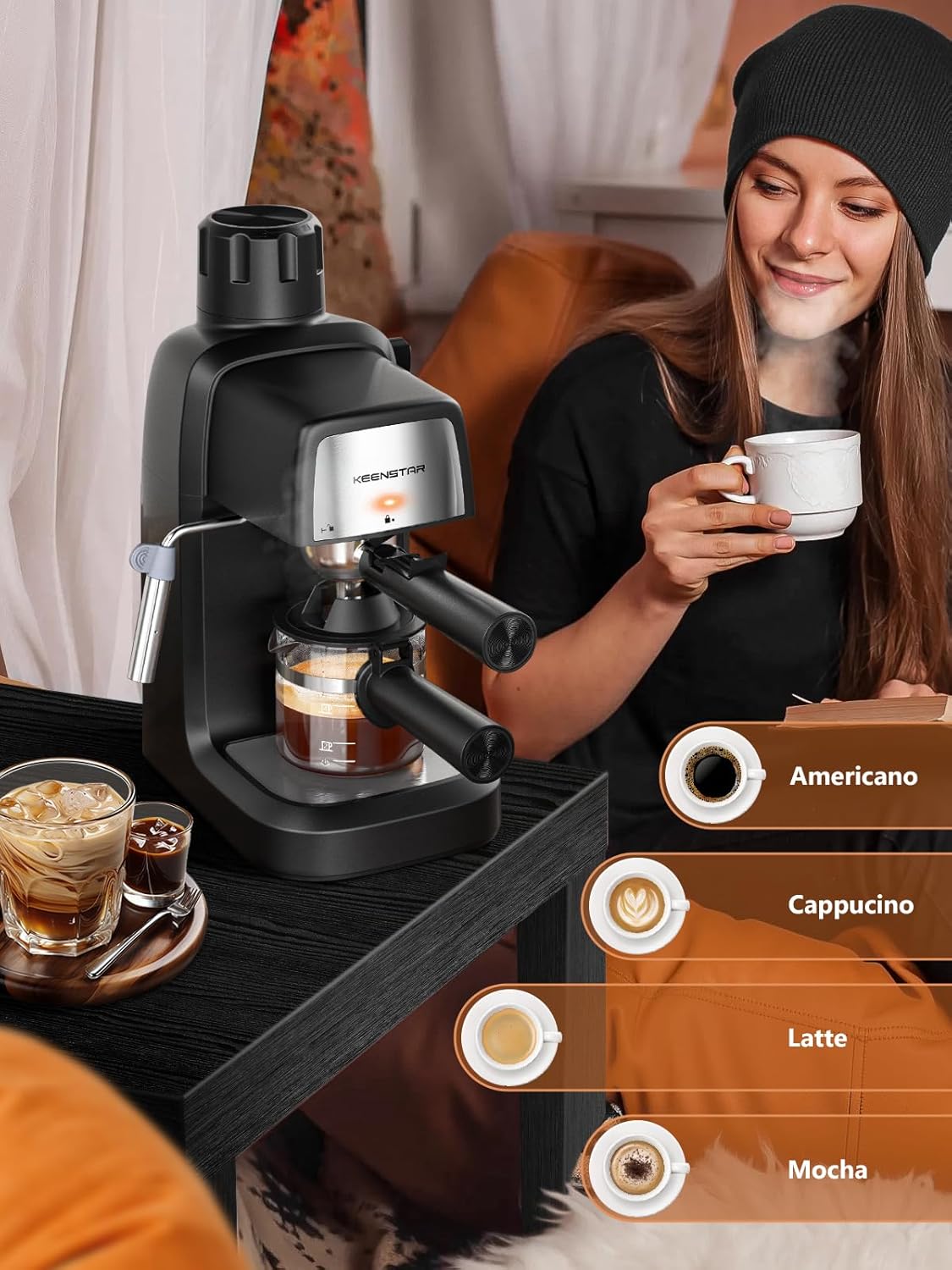  KEENSTAR 3.5 Bar Espresso Machine with Milk Frother – 800W Compact Espresso & Cappuccino Maker with Preheating, 4-Cup Coffee Machine for Latte & Cappuccino, Ideal Gift for Coffee Lovers